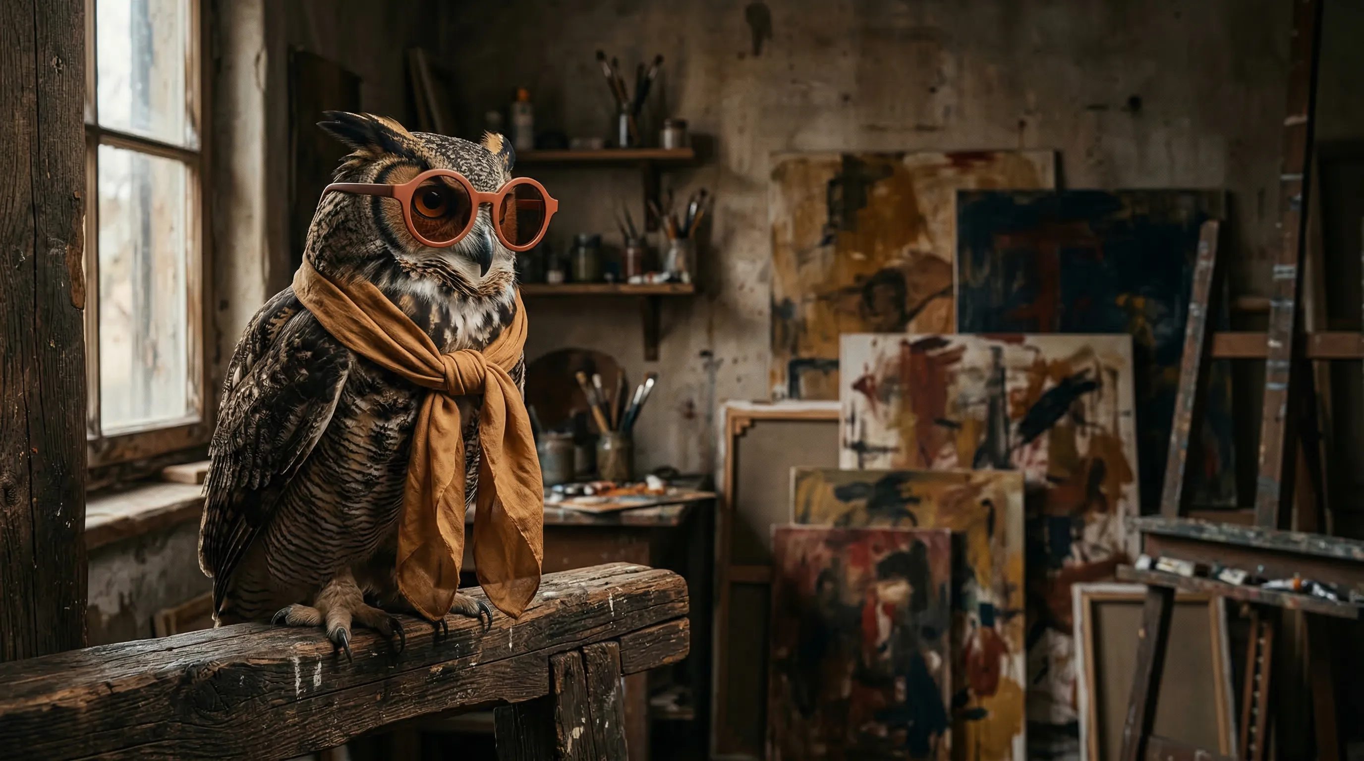 Owl wearing orange glasses and a scarf in an art studio