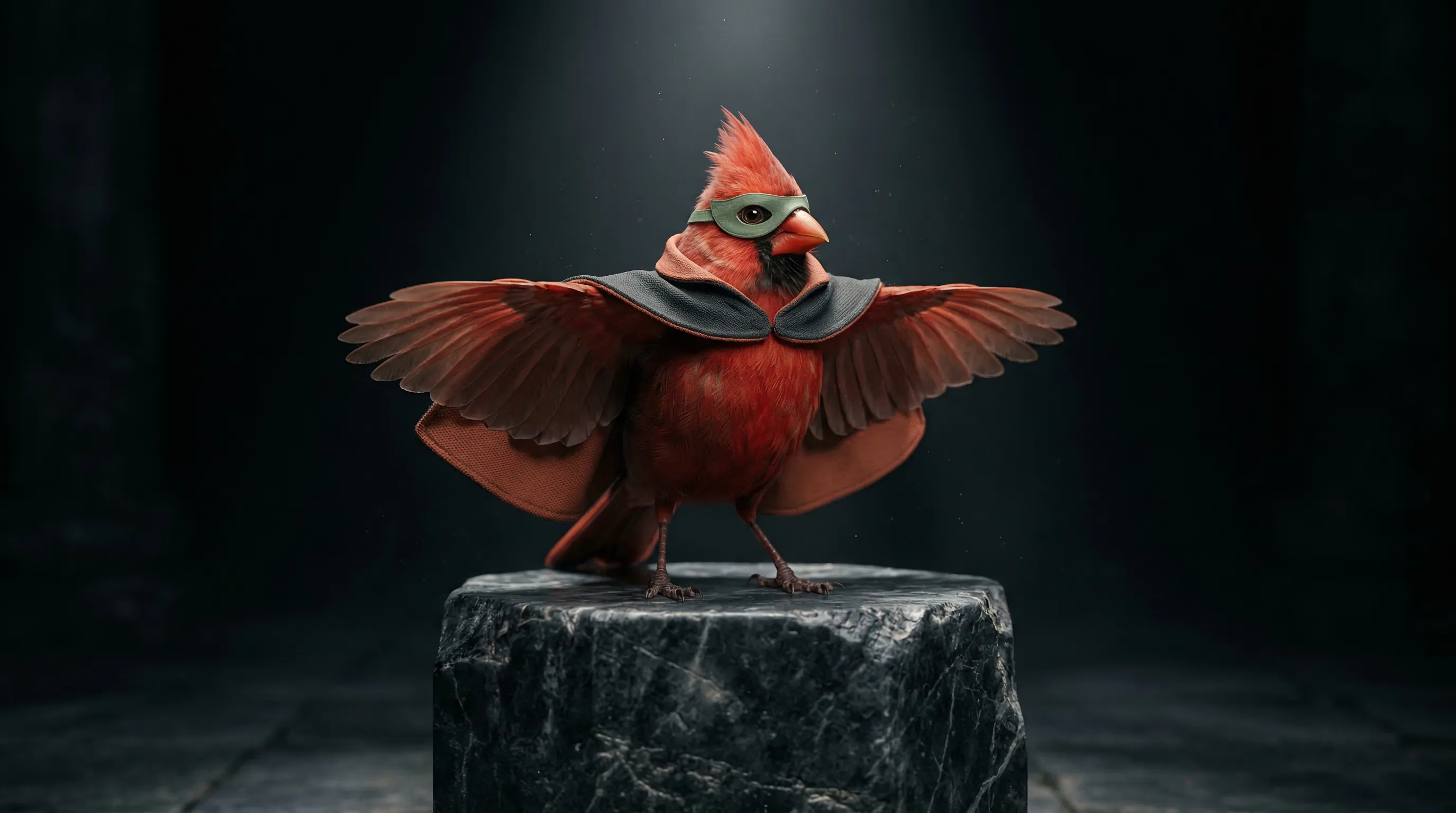 Cardinal bird in a superhero cape and mask on a stone pedestal