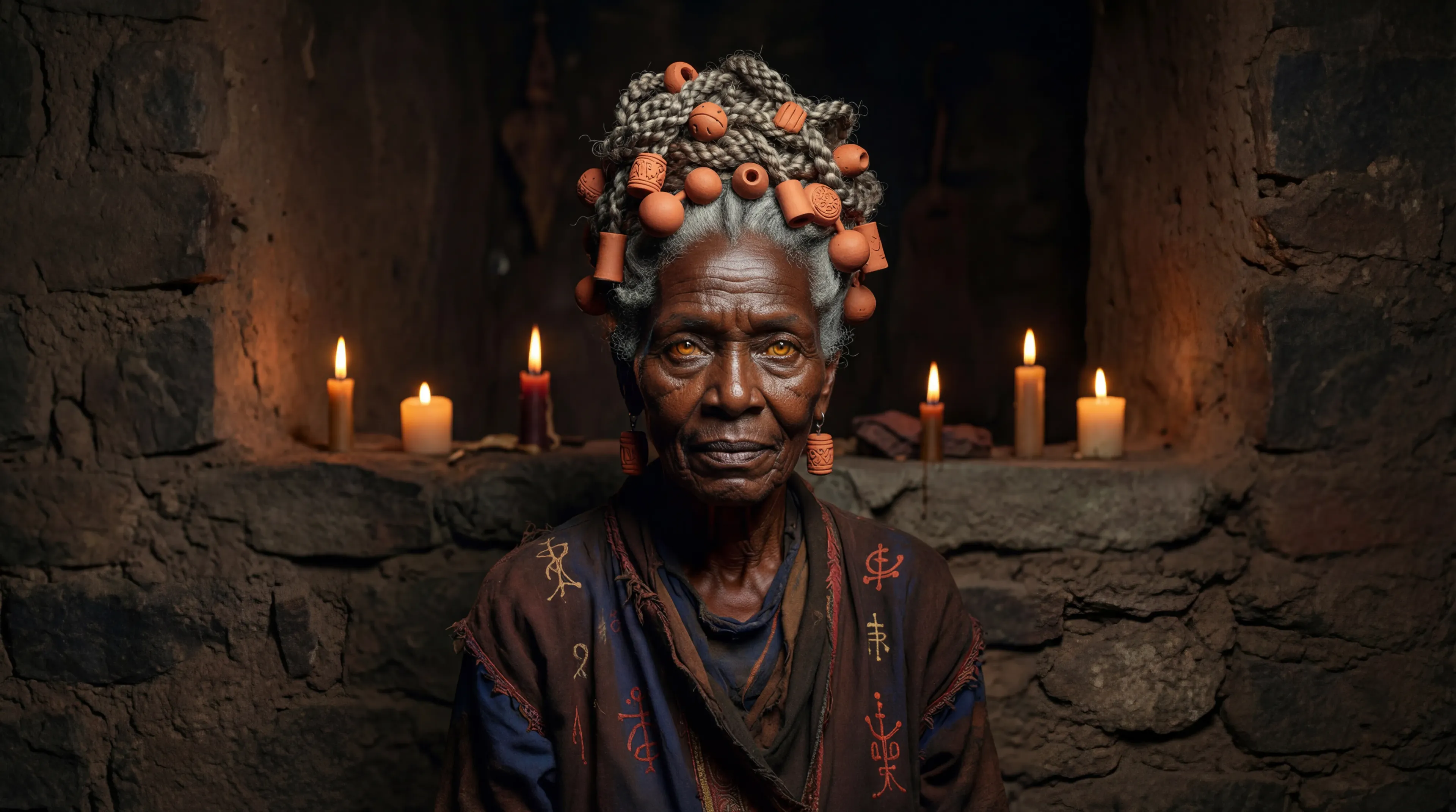 Elder with ornate beaded headpiece by candlelight
