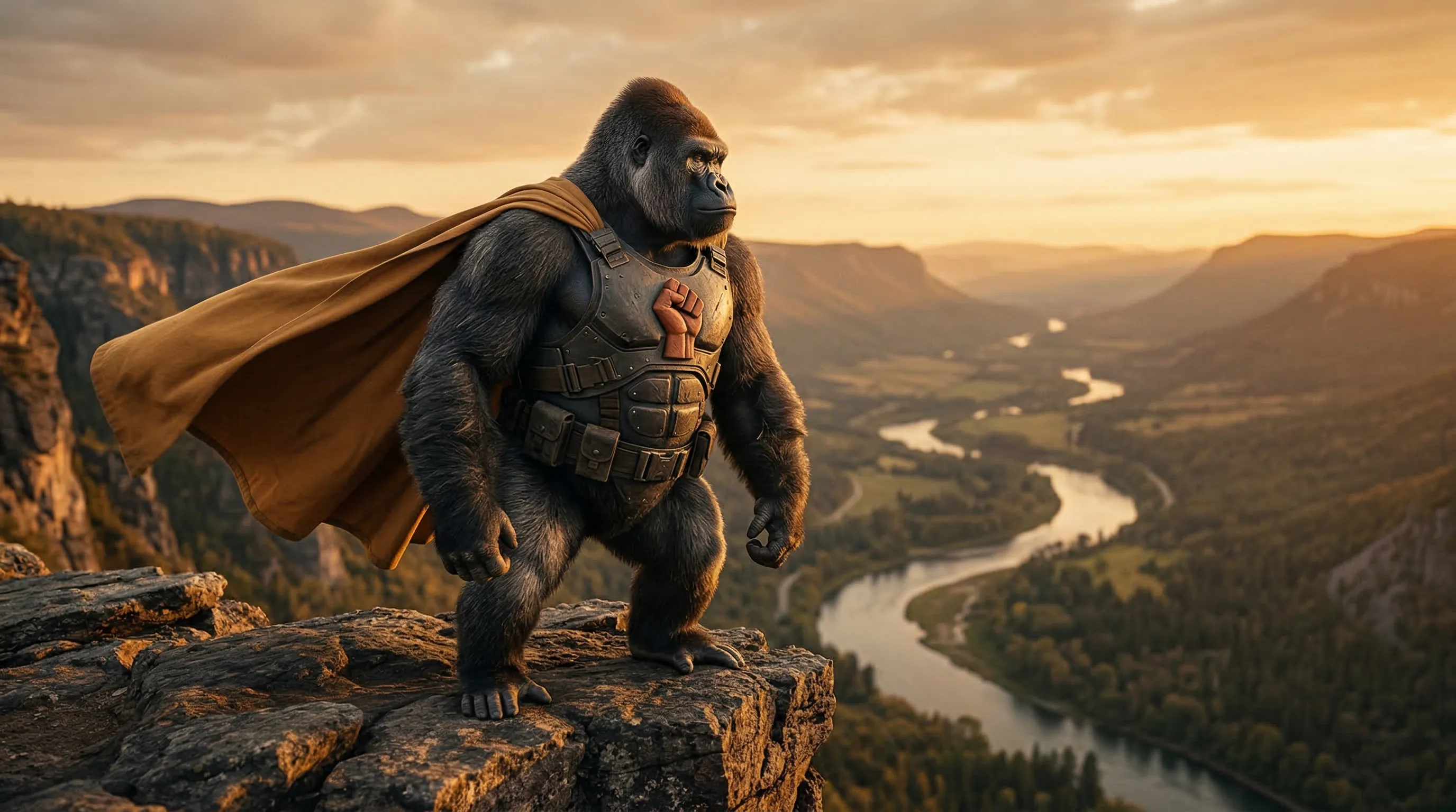 Gorilla in a superhero cape standing on a cliff at sunset