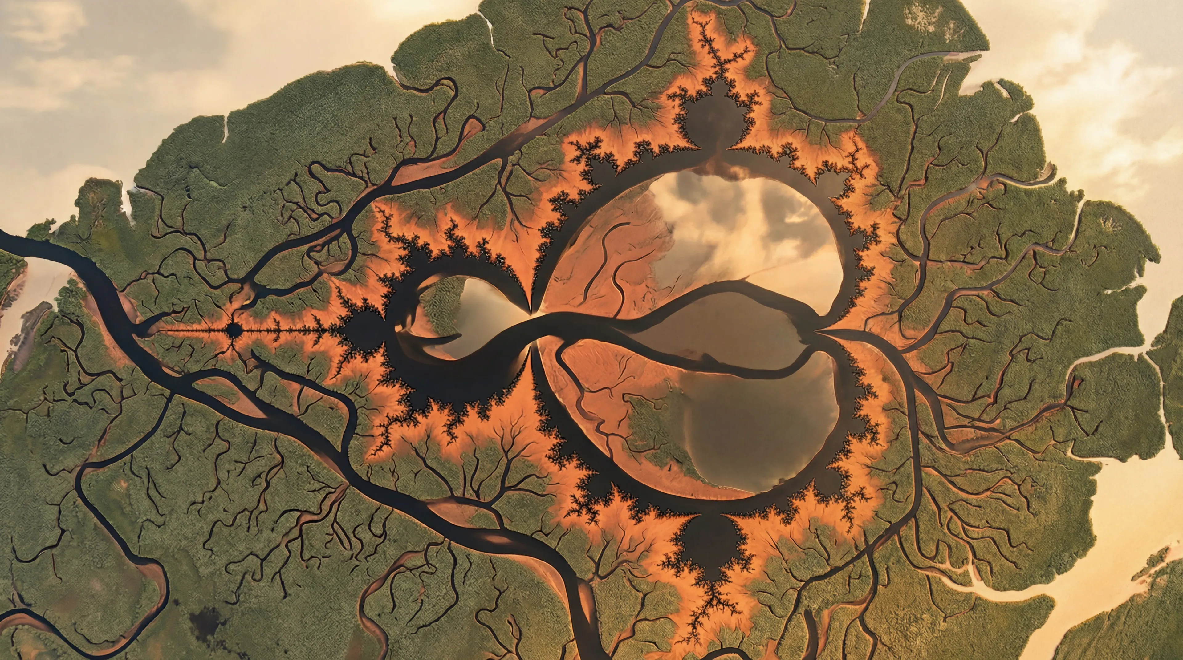 Aerial view of fractal river delta with orange borders
