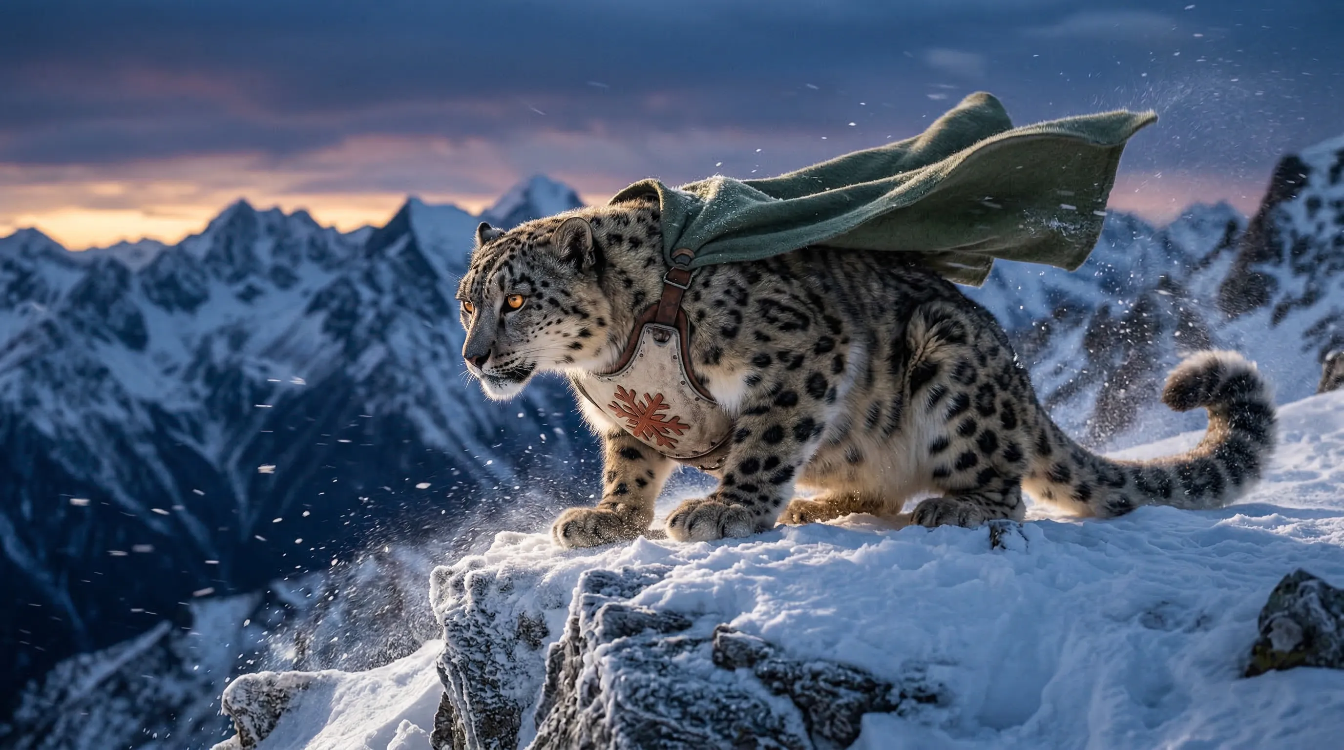 Snow leopard with a green cape running through snowy mountains