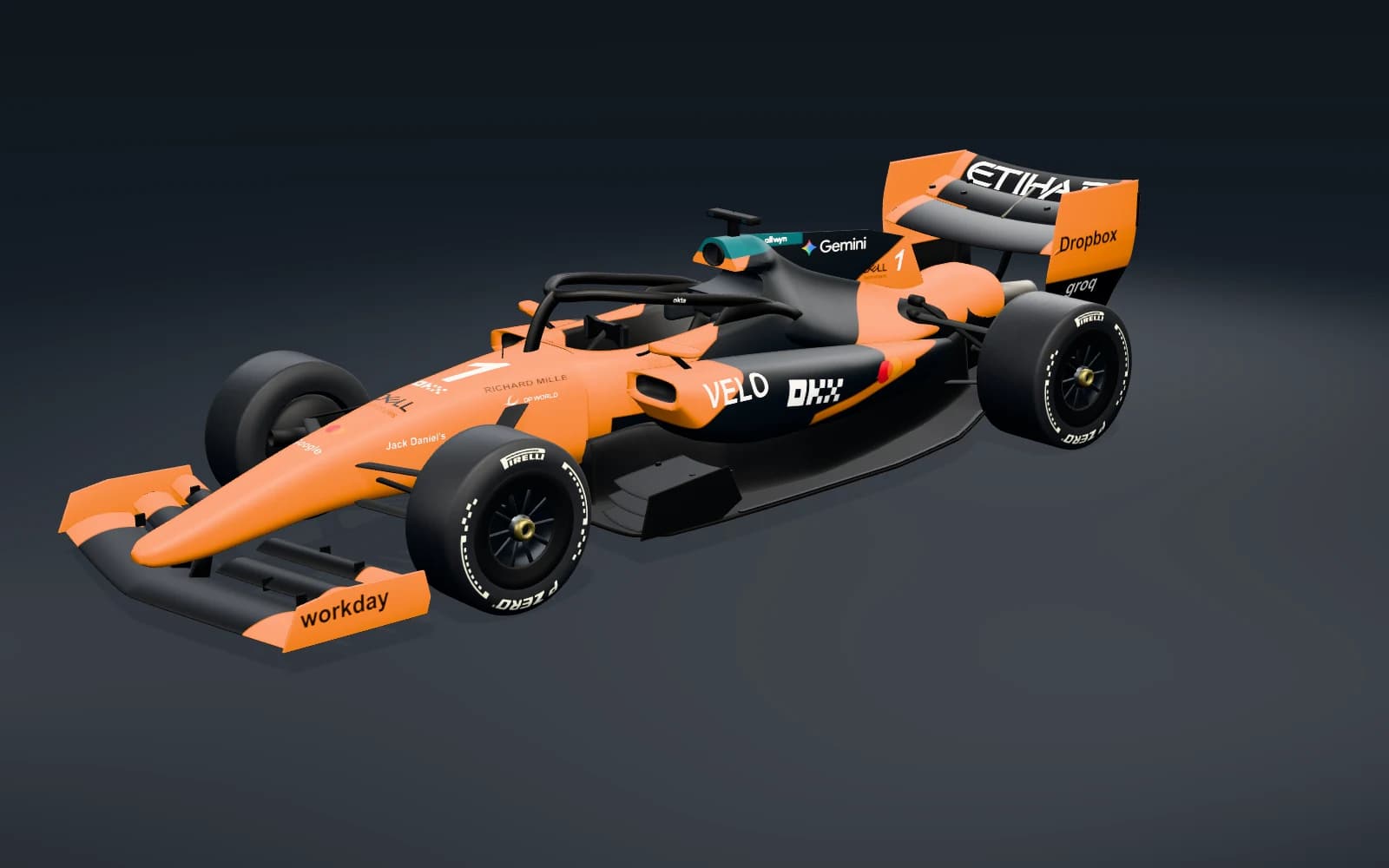 The complete papaya-orange McLaren livery, seen from the front quarter in the 3D studio