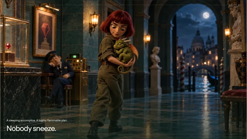 A red-haired miniature courier cradles a sleeping green dragon in a moonlit museum, above the caption Nobody sneeze.