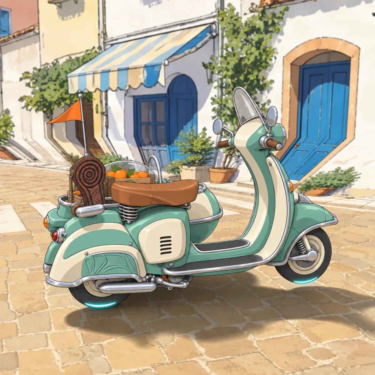 A cel-shaded mint and cream sidecar scooter loaded with oranges on a sunny cobbled street in a seaside hill town