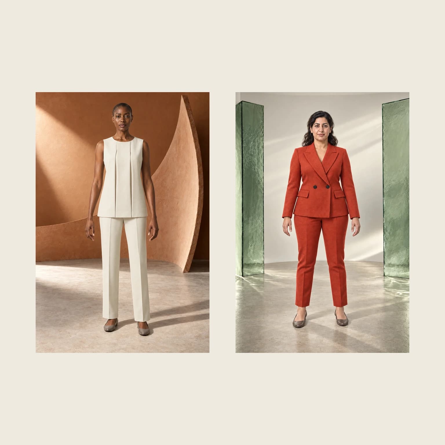 Two complete fashion editorials: Arden in architectural ivory against terracotta, and Sana in vermilion tailoring between sage glass fins.