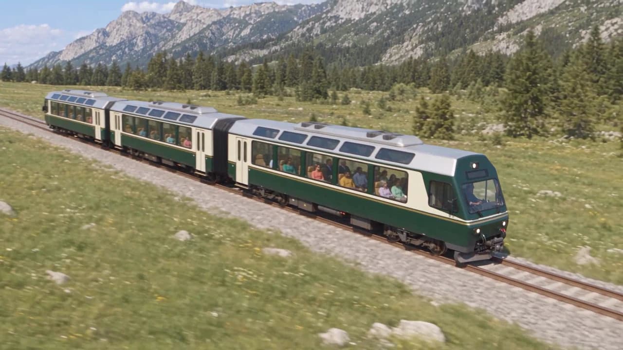 A green and ivory three-car panoramic train moving through a bright Alpine landscape