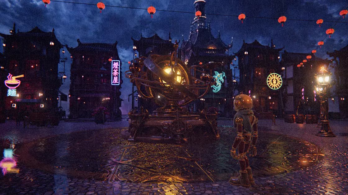 Lamplighter at night: a small brass automaton on wet cobblestones before a glowing bronze orrery, neon signs reflected in the rain