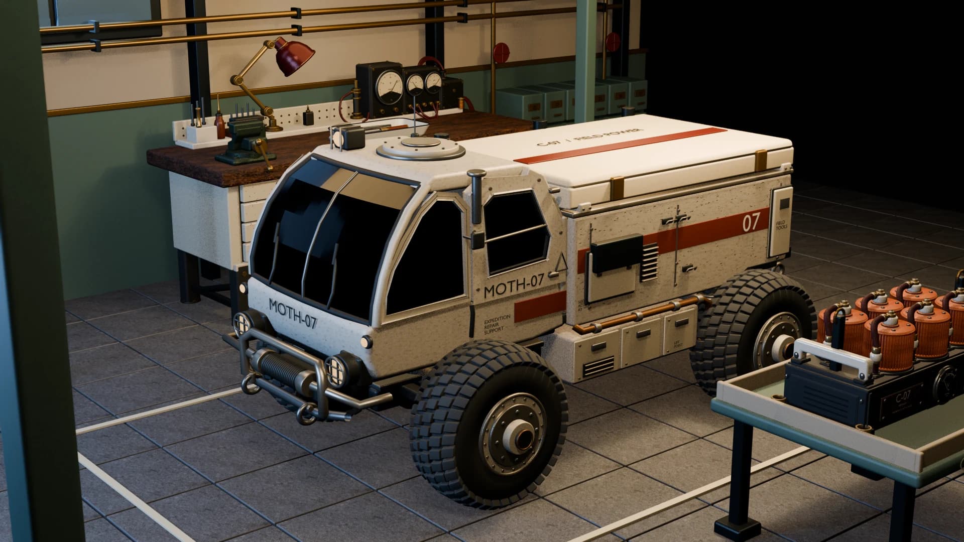 An ivory expedition rover in a warmly lit workshop, with a fresh copper power cartridge ready on a service trolley