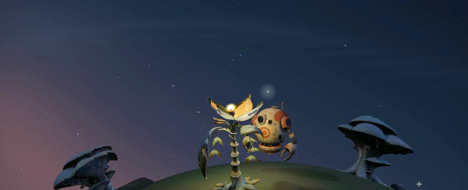 Little Lights gameplay: a tiny hovering robot beside a glowing alien flower on a twilight planet