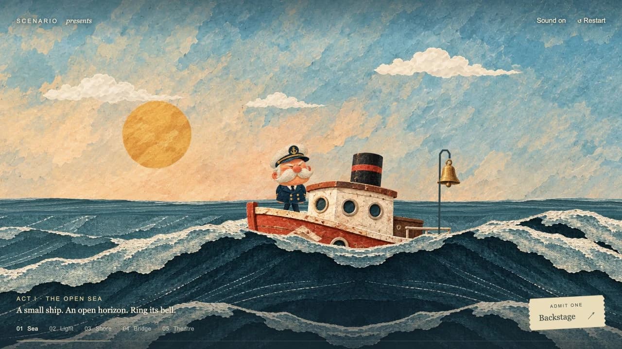 A red paper ship and its captain sail through layered teal waves beneath a golden sun