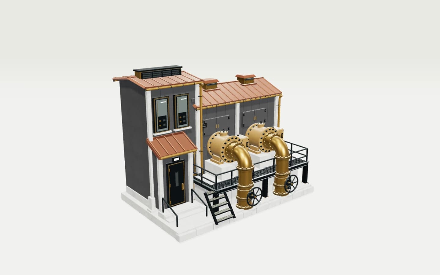 A complete industrial facility with copper roofing, charcoal cladding and brass machinery in the Material Worlds 3D studio