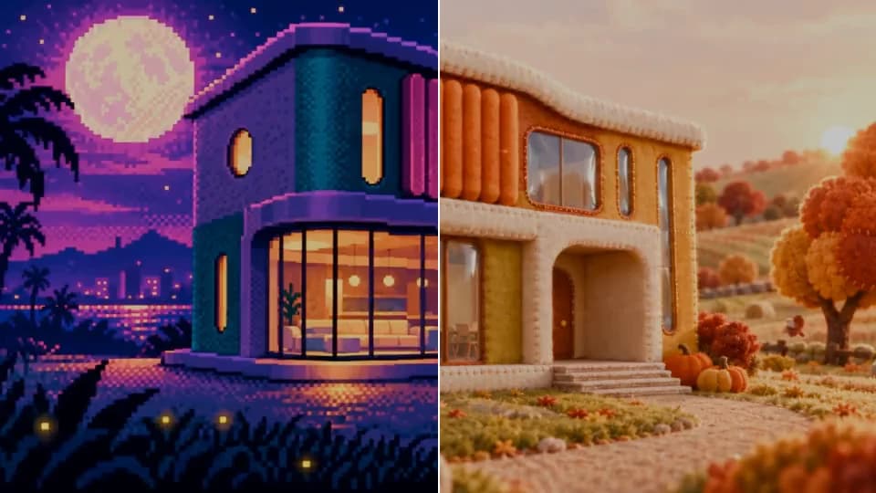 The same rounded villa in synthwave pixel art and autumn felt, split down the middle