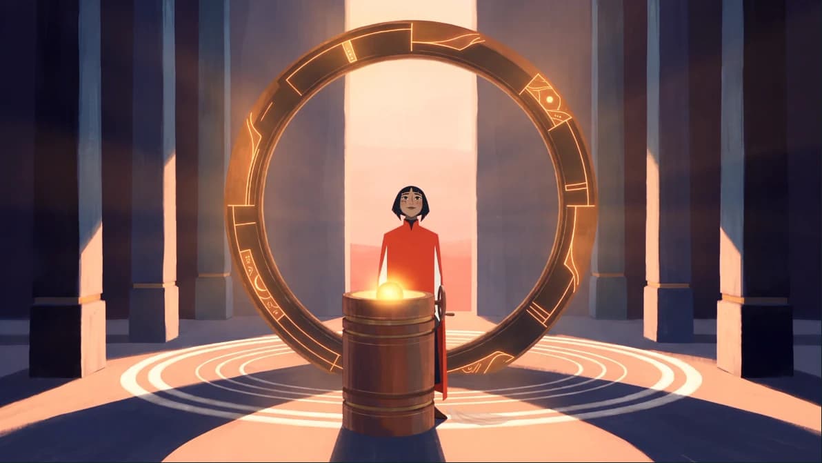 A keeper in a vermilion cloak stands beside a small sun in its cradle beneath a luminous golden astronomical ring