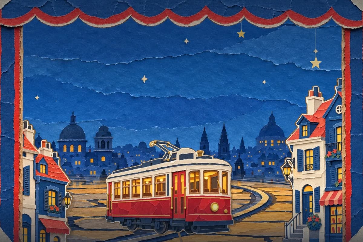 A red tram and blue-and-ivory houses assembled from torn paper scraps inside a handmade theatre with hanging stars