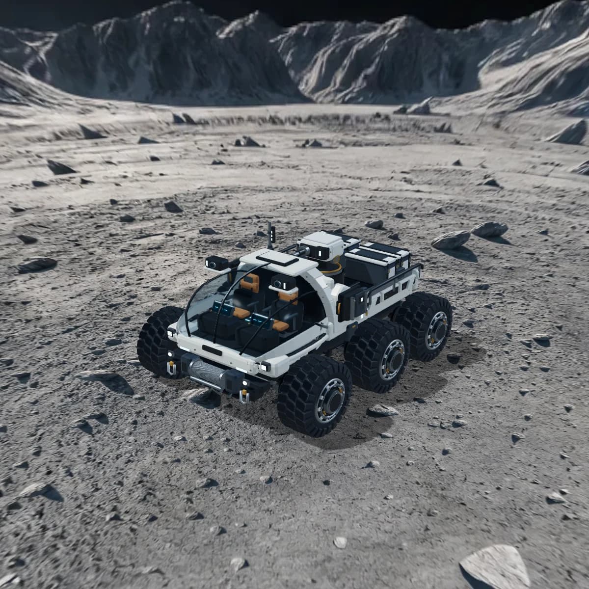 A six-wheel ivory rover with blue titanium equipment and amber accents on a Scenario-generated lunar landscape