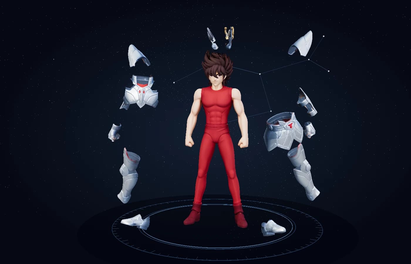 Seiya surrounded by floating silver Pegasus armor in a dark celestial 3D scene
