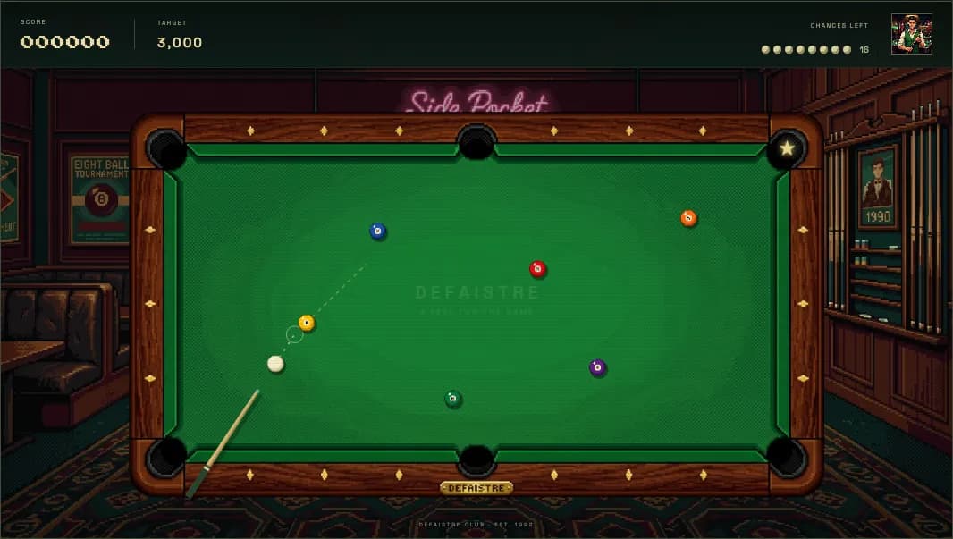 A pixel-art pool table in a moody club, with colored balls and a dotted aiming line