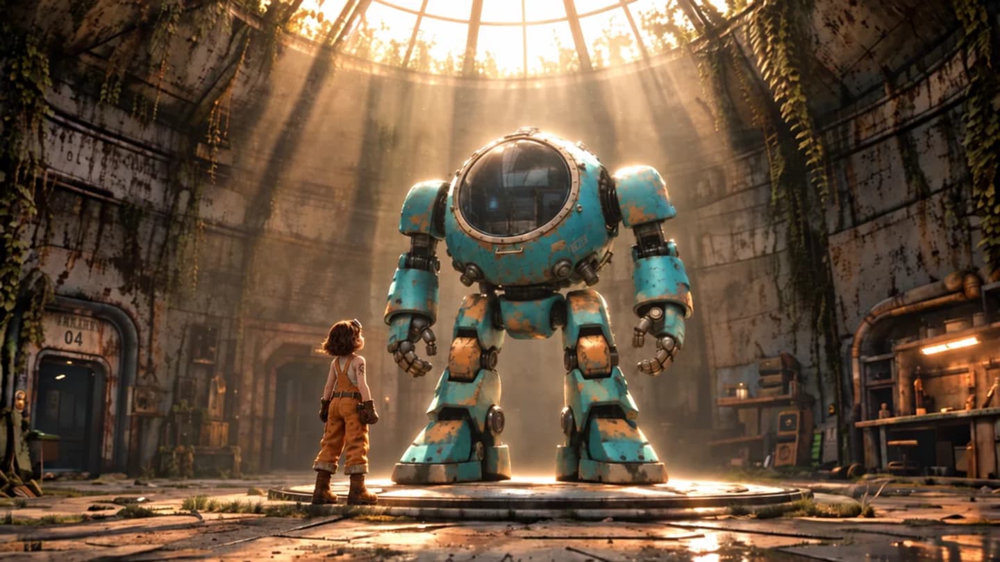 A girl looks up at a weathered turquoise mecha beneath warm laboratory skylight beams