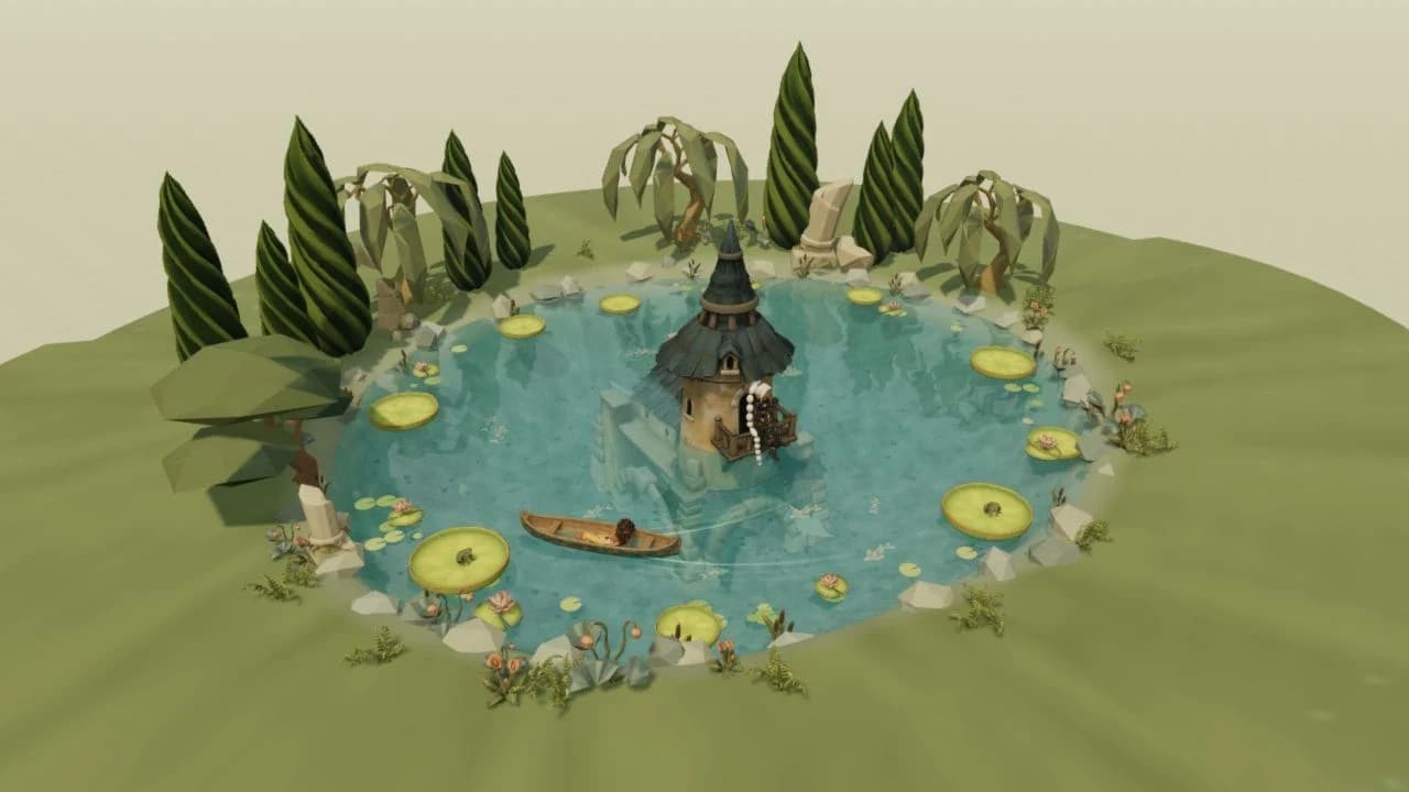A miniature teal pond with a crooked sunken tower, a drifting canoe, giant lily pads and spiral cypress trees