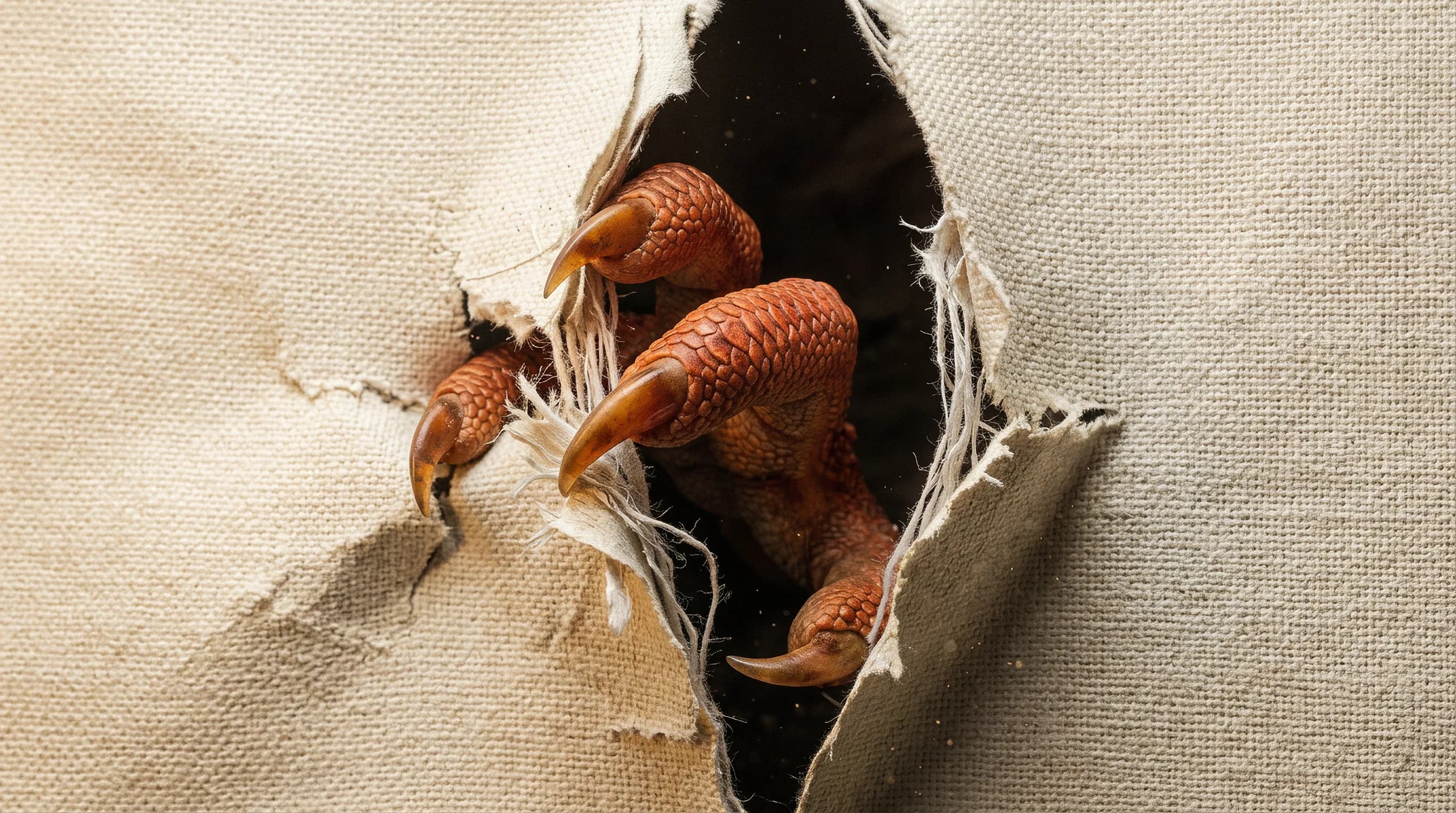 Dinosaur claws tearing through a cream fabric