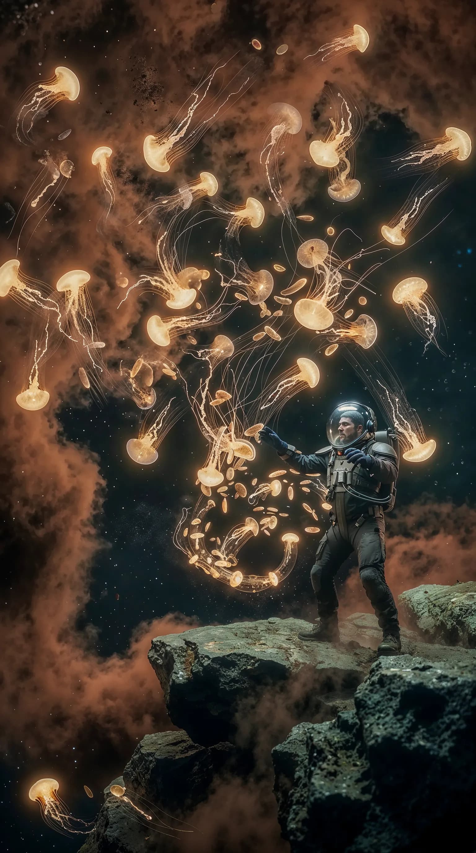 Astronaut reaching toward glowing jellyfish creatures on a rocky surface
