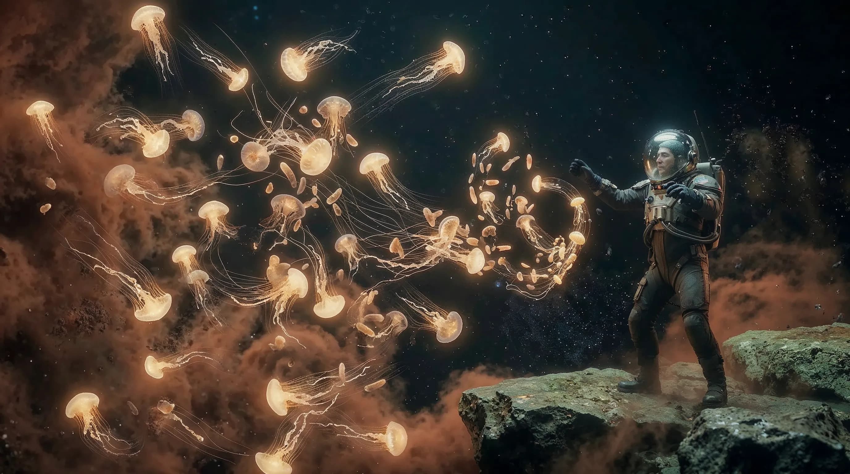 Astronaut reaching toward glowing jellyfish creatures on a rocky surface