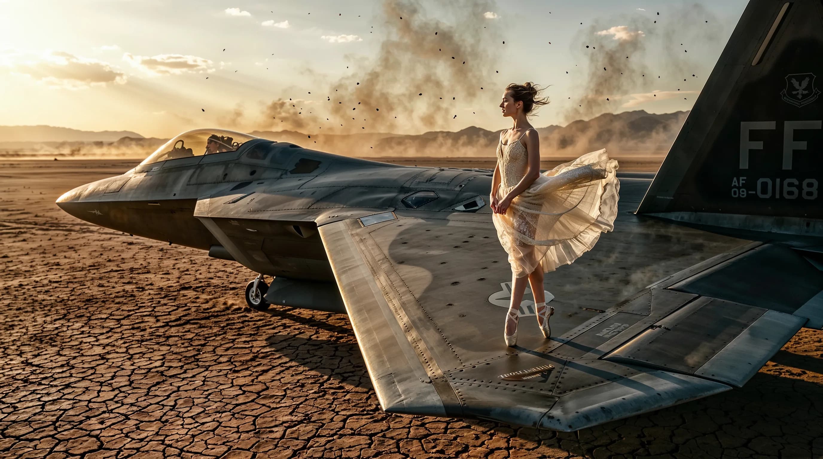 Ballerina en pointe on a fighter jet wing at desert sunset