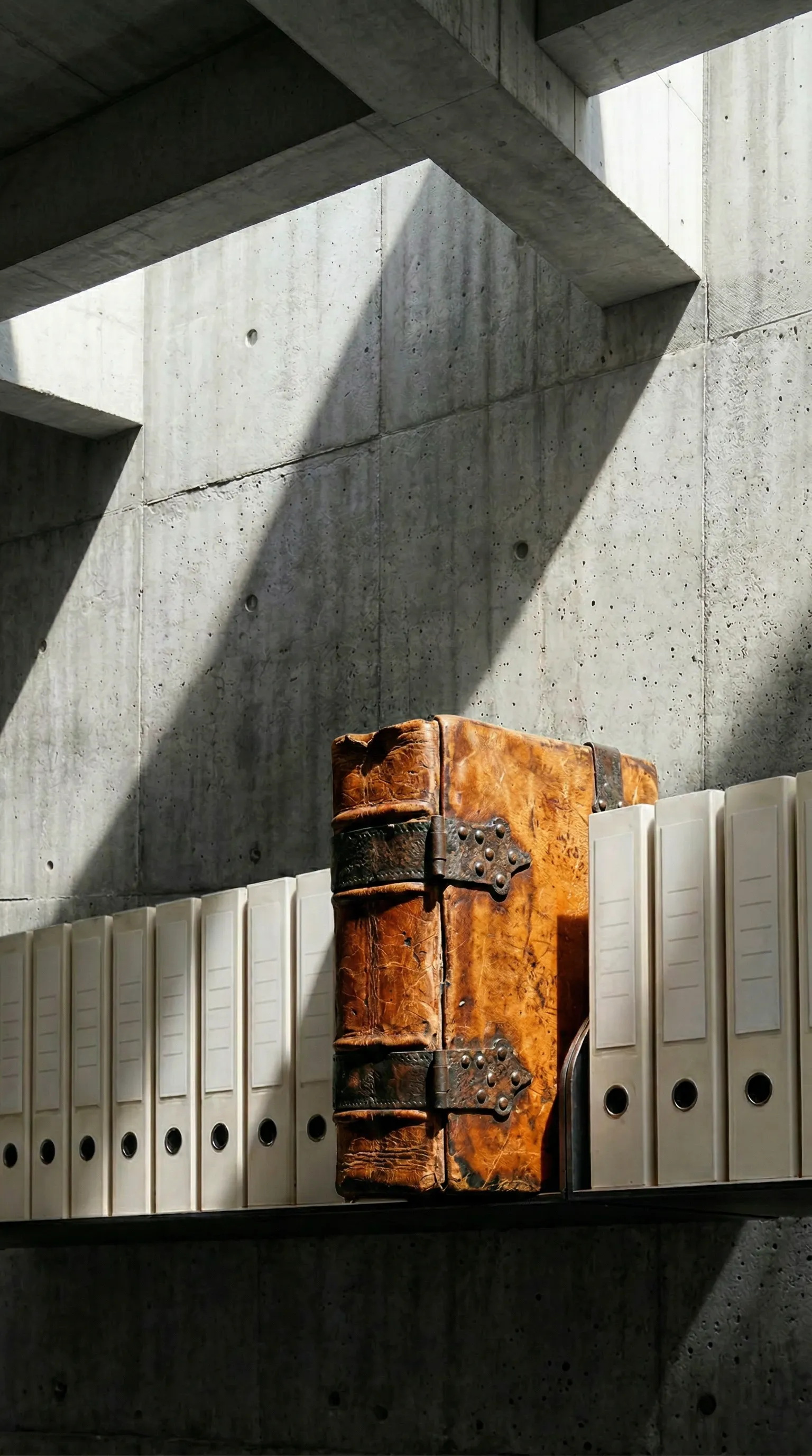 Weathered leather-bound book with metal clasps among modern white folders