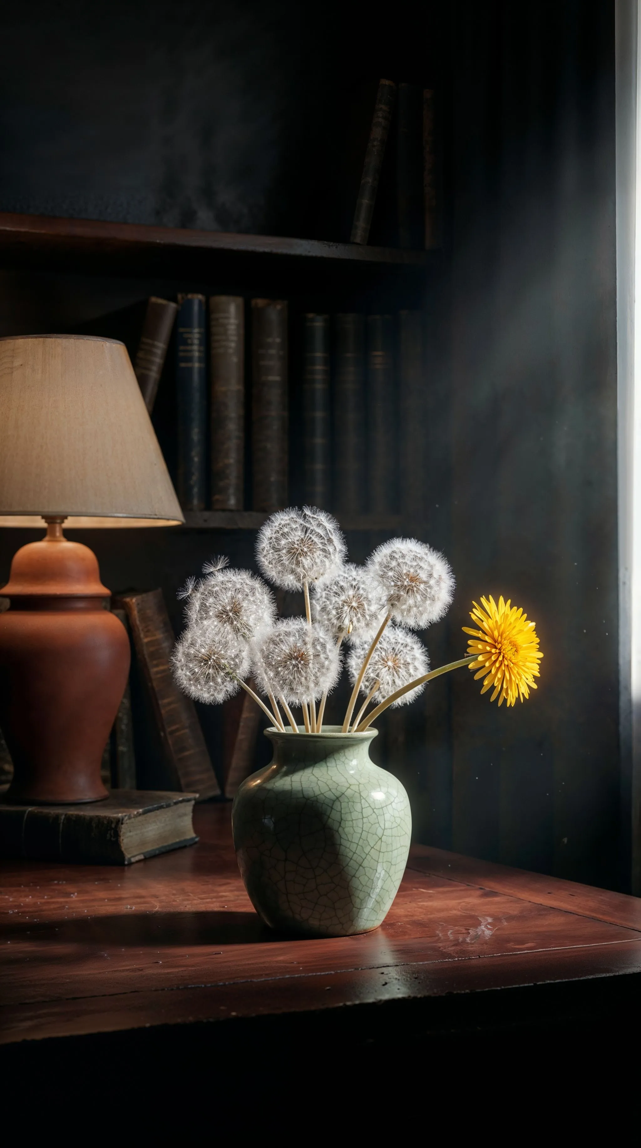 Green ceramic vase with dandelion puffballs and one yellow bloom near old books