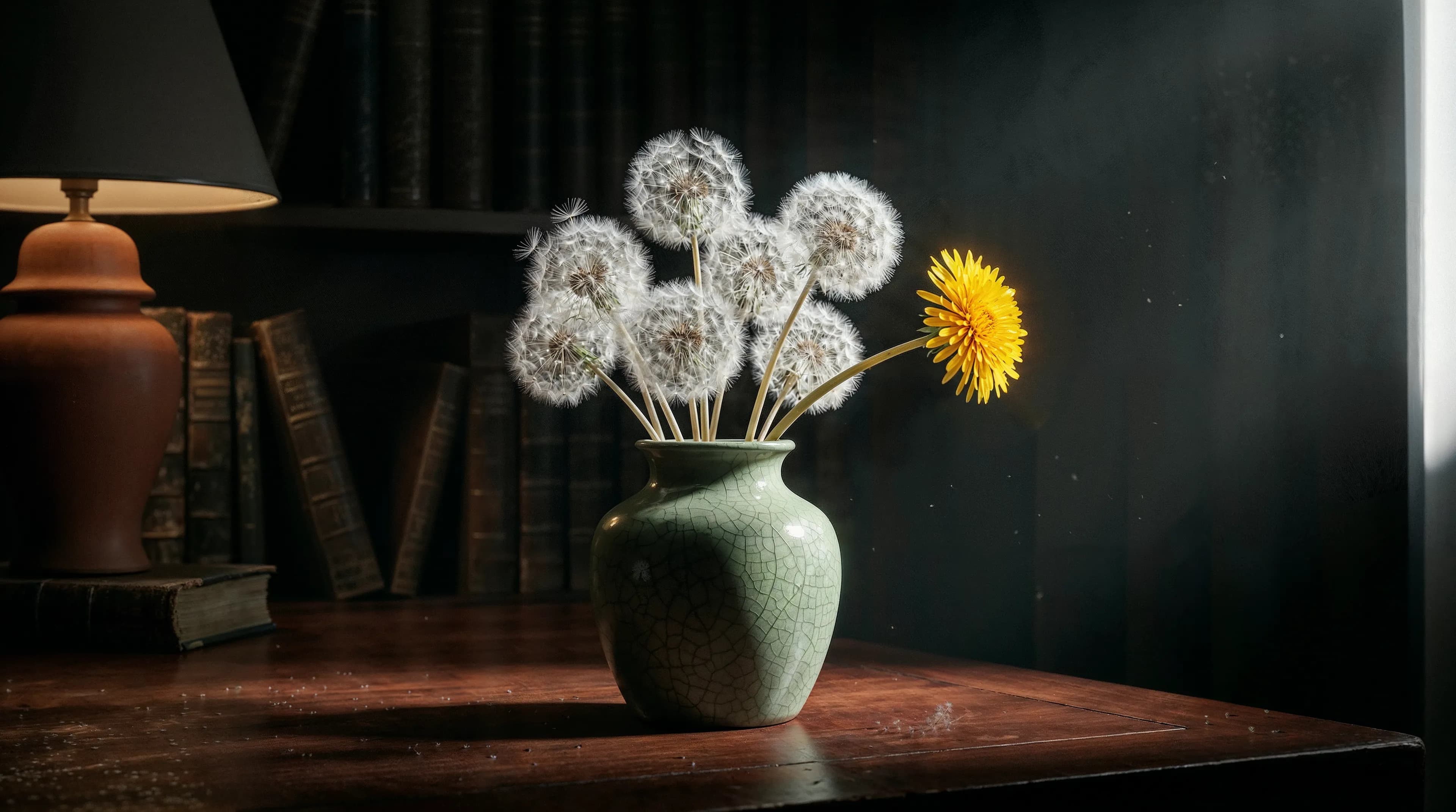 Green ceramic vase with dandelion puffballs and one yellow bloom near old books