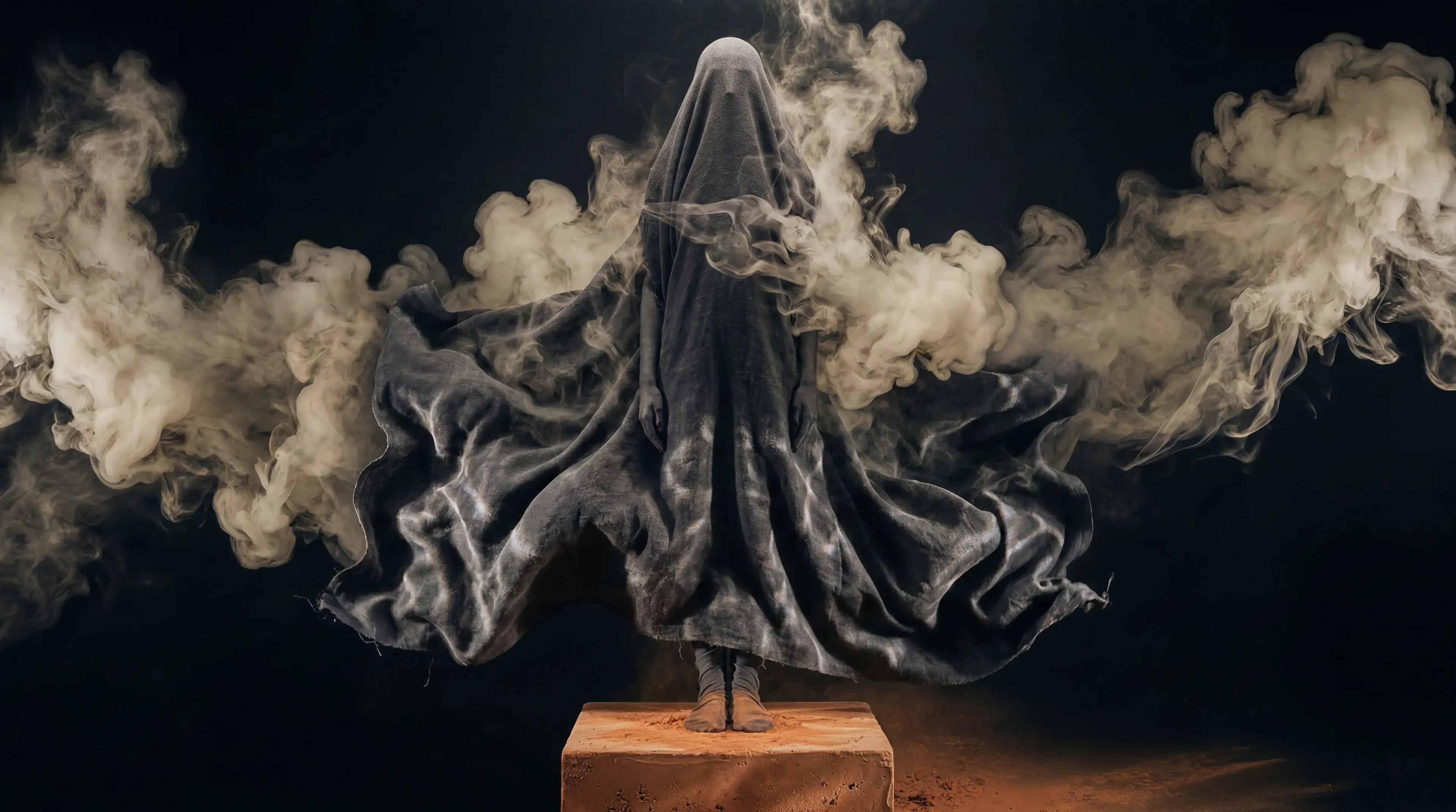 Veiled figure surrounded by billowing smoke on a pedestal