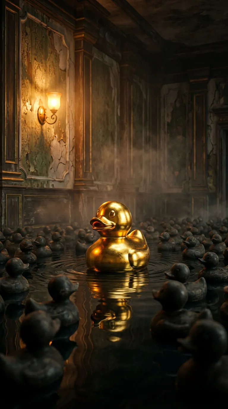 Golden rubber duck floating among dark rubber ducks in a flooded gothic hall