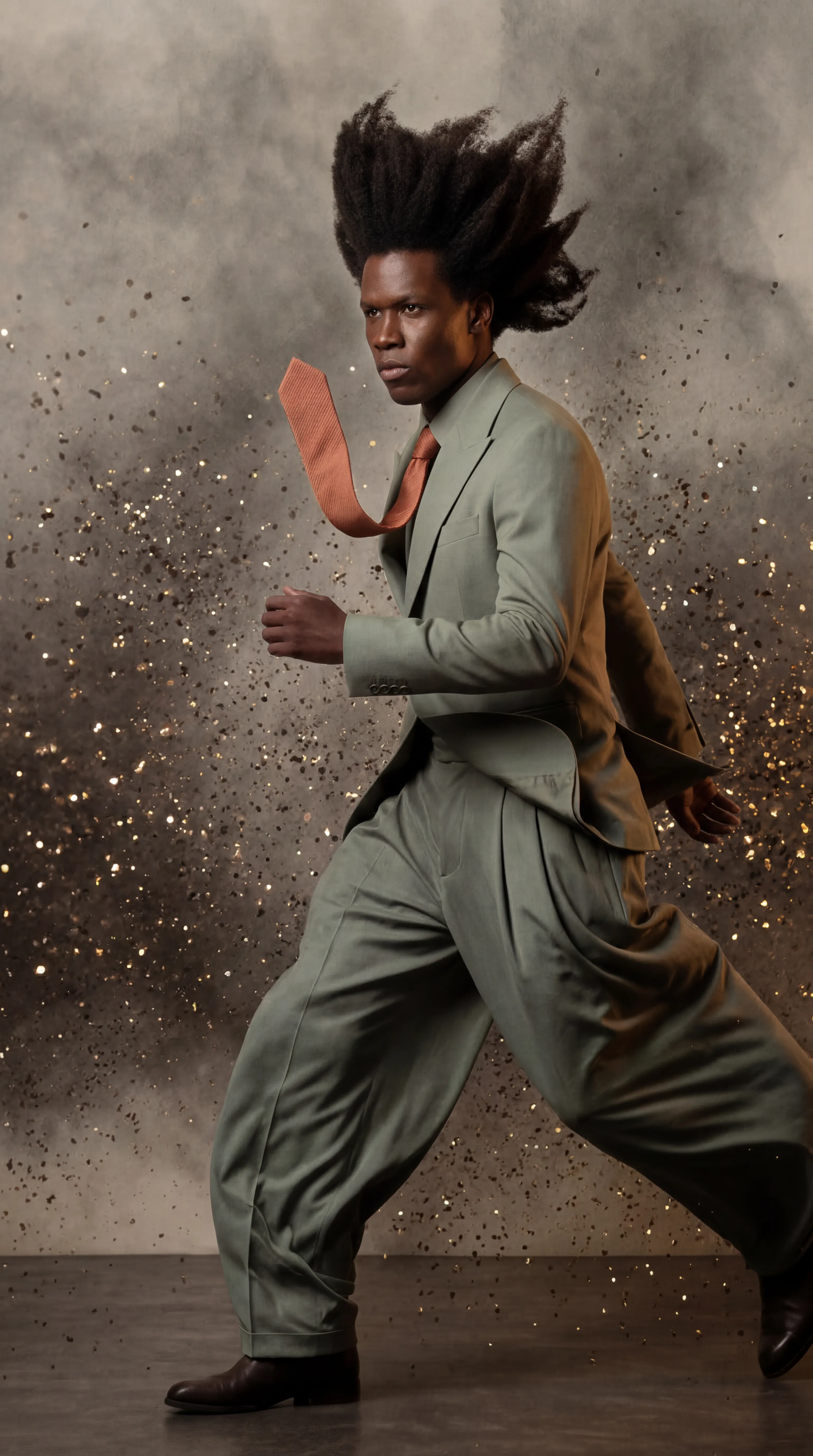 Man in a suit mid-stride through a sparkling particle explosion