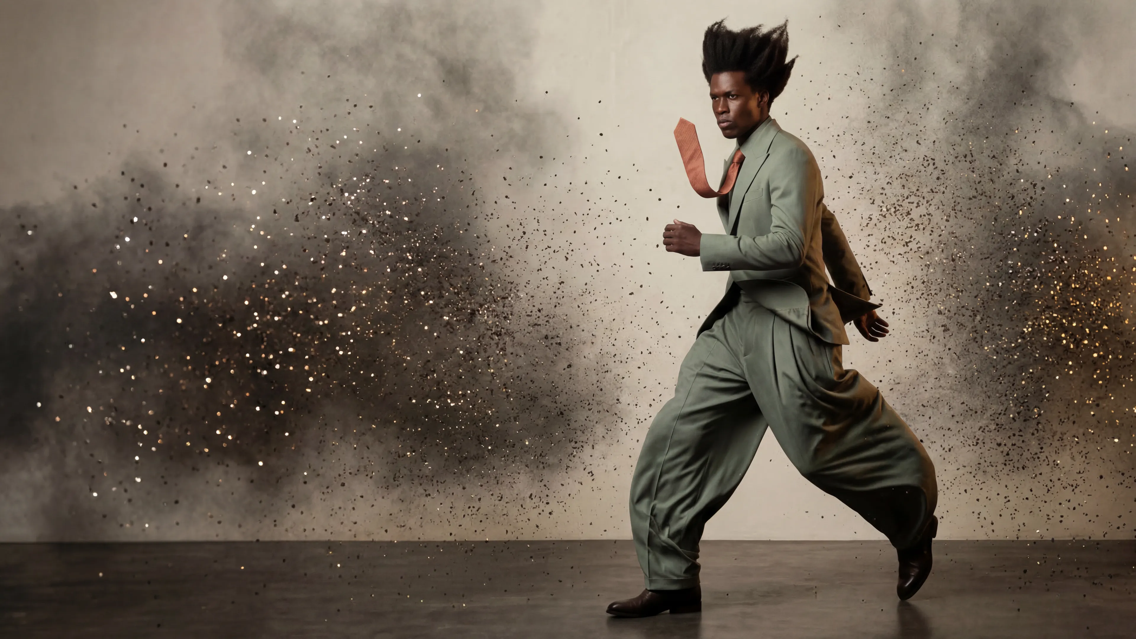 Man in a suit mid-stride through a sparkling particle explosion