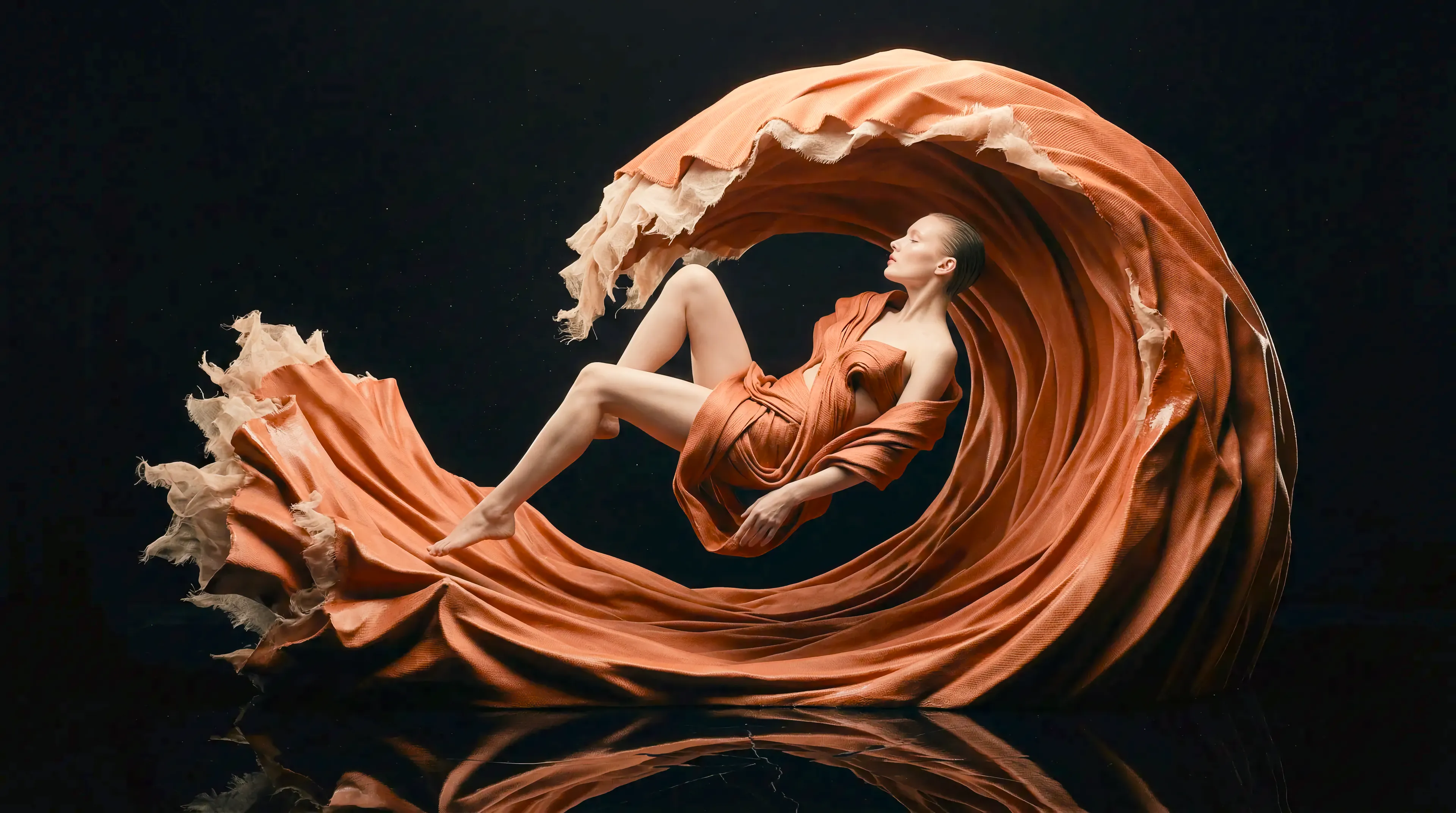 Woman floating in a swirl of flowing orange fabric