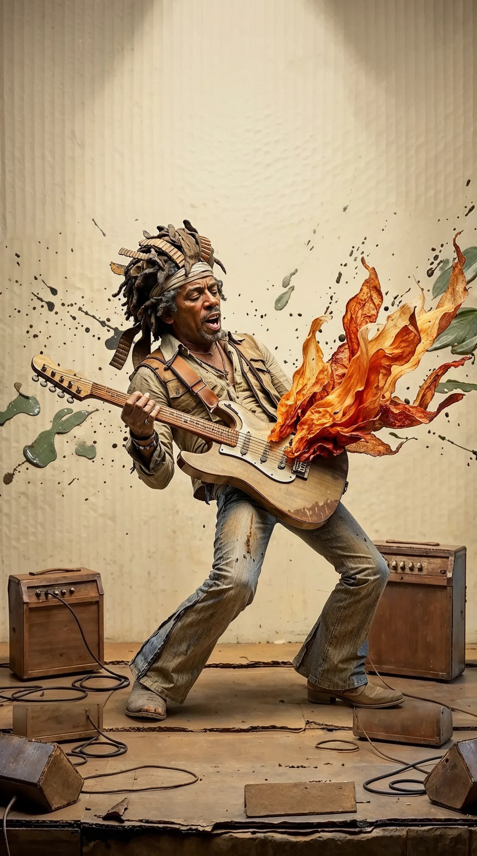 Cardboard rock guitarist with flaming guitar surrounded by amplifiers