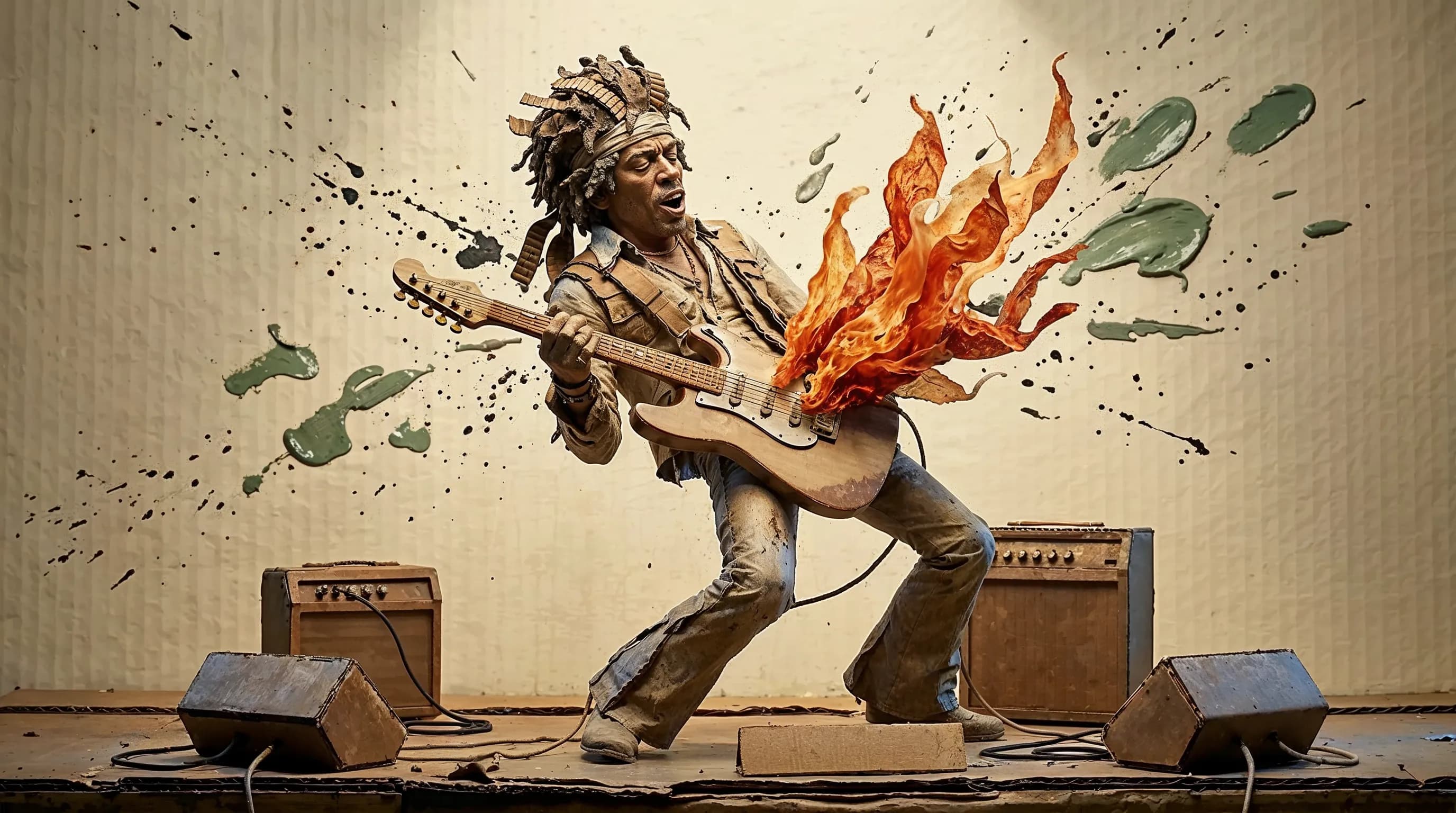 Cardboard rock guitarist with flaming guitar surrounded by amplifiers