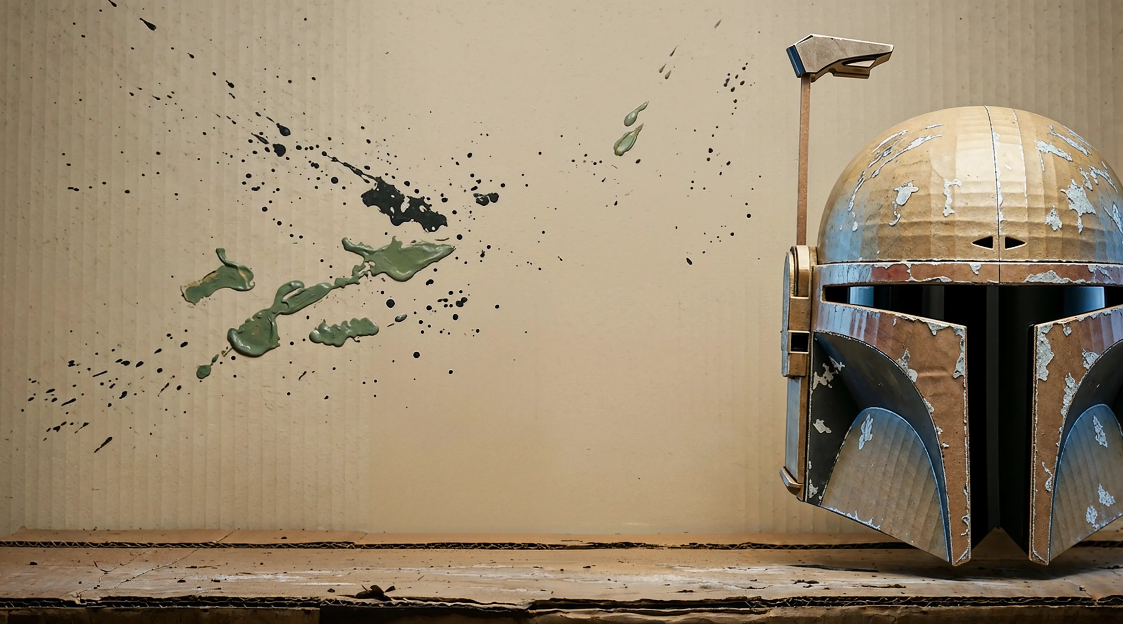 Cardboard Mandalorian helmet with paint splatters on a wooden shelf