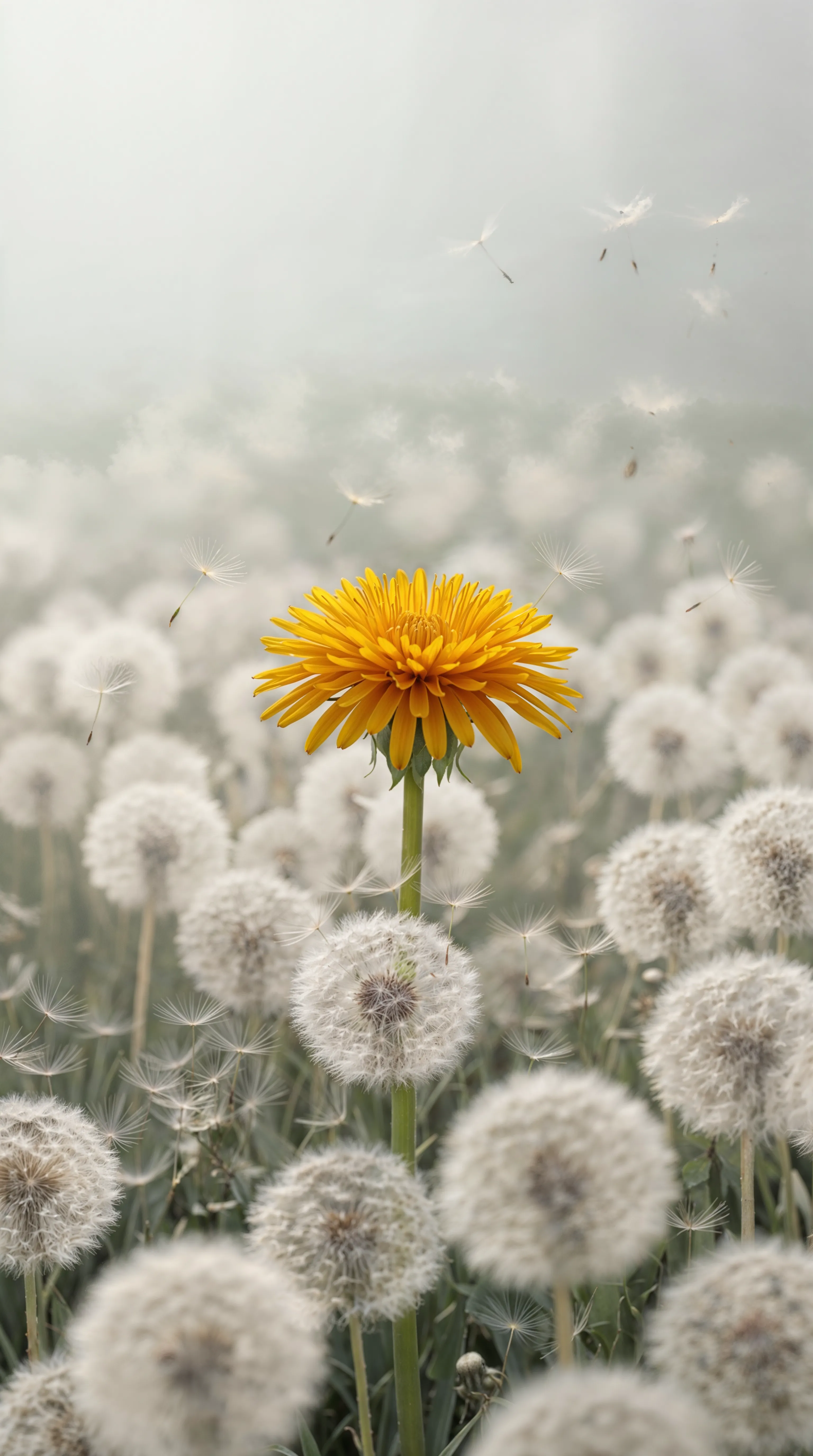 One vibrant yellow dandelion standing tall in a field of white puffballs