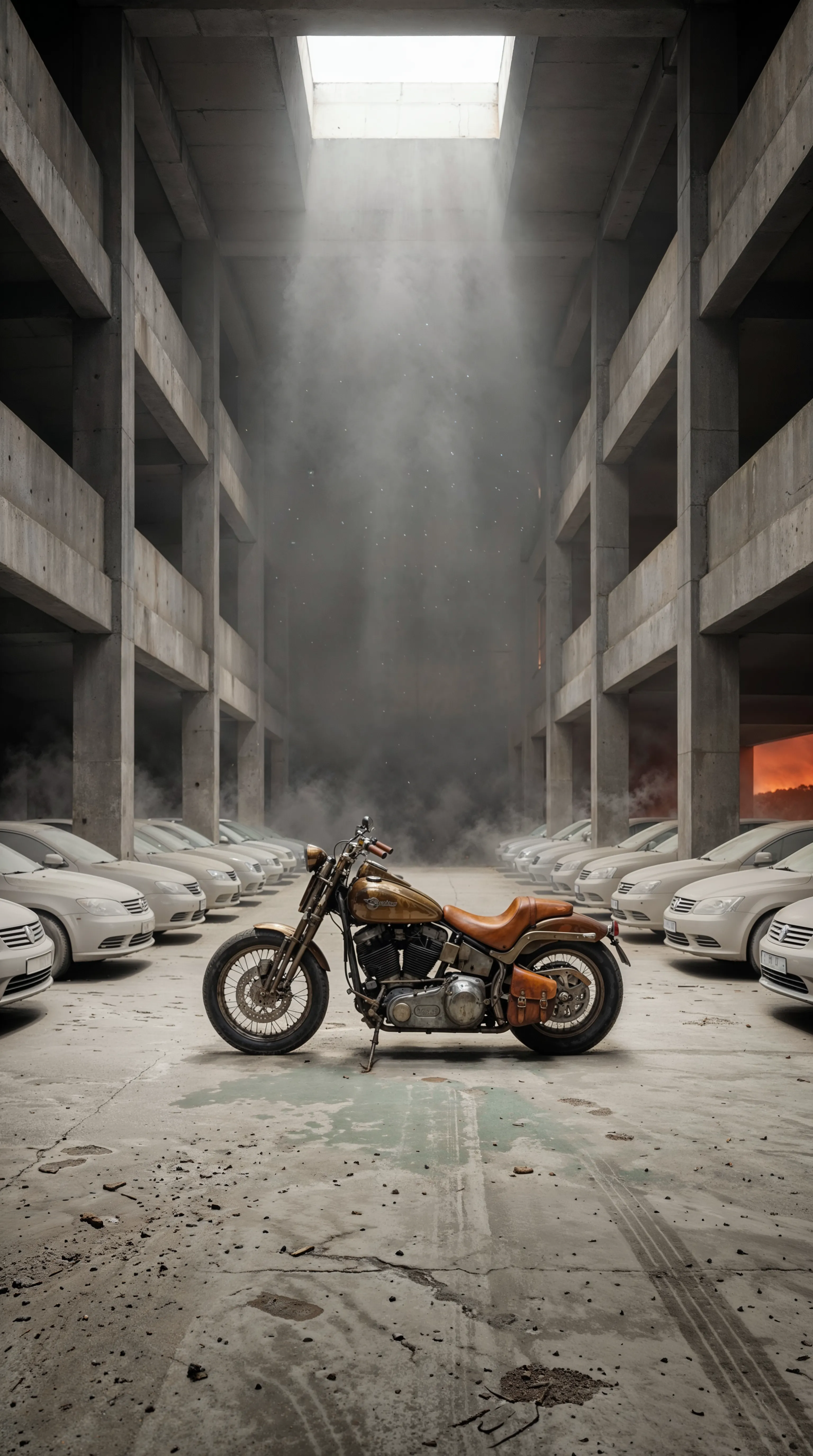 Vintage motorcycle in a misty concrete parking garage among dusty white cars