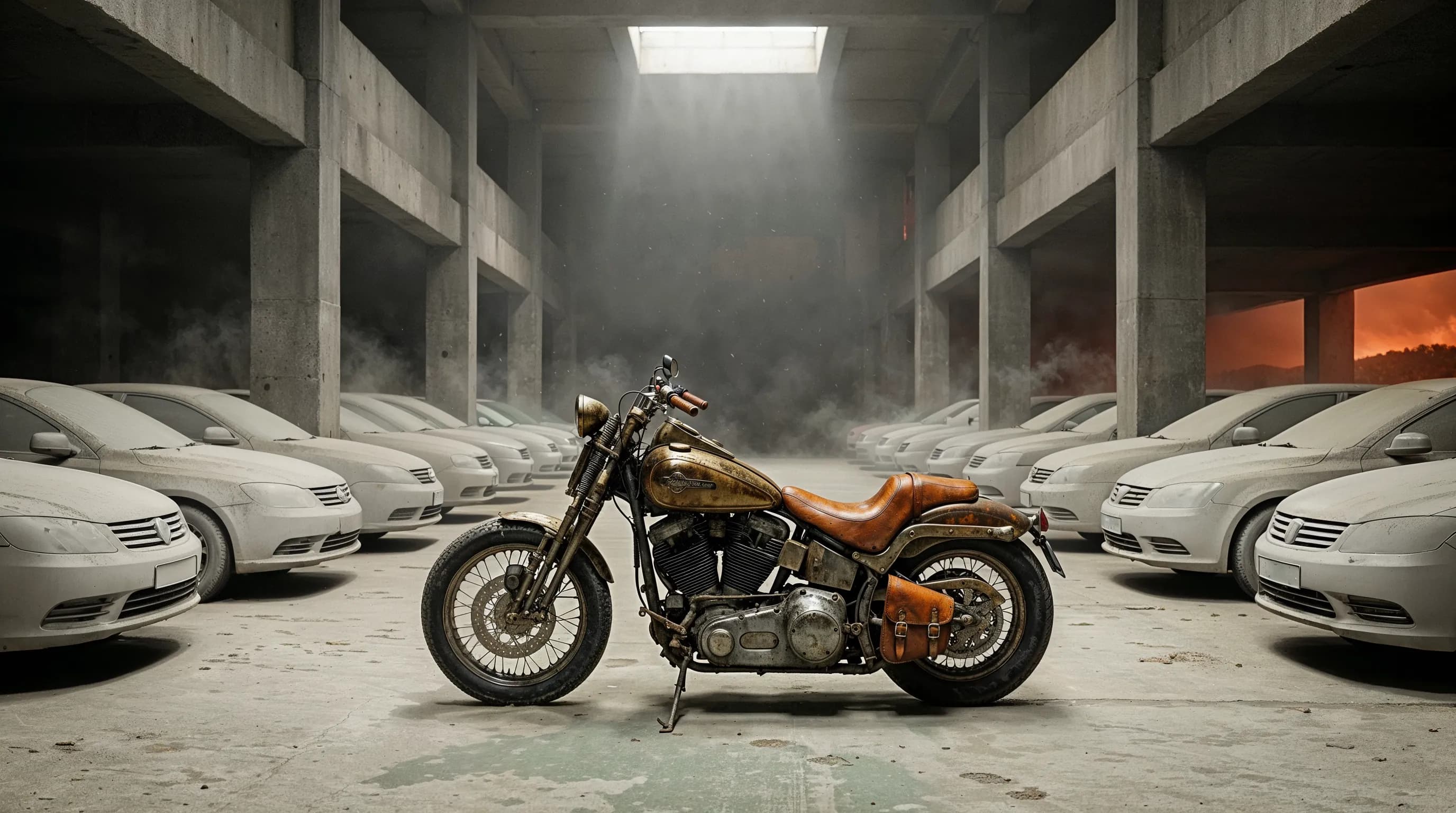 Vintage motorcycle in a misty concrete parking garage among dusty white cars