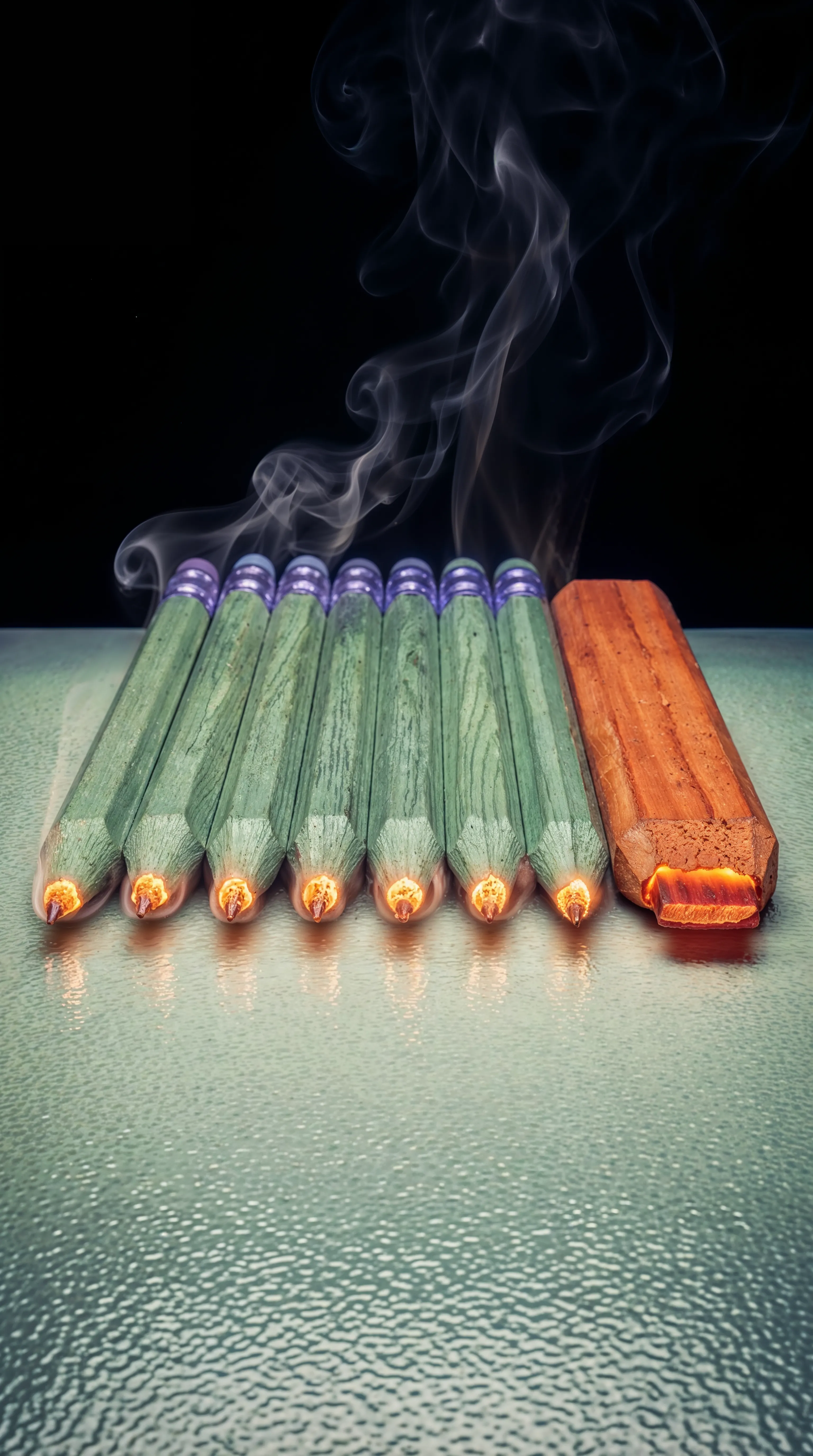 Green pencils with glowing molten tips and smoke as if red-hot and burning