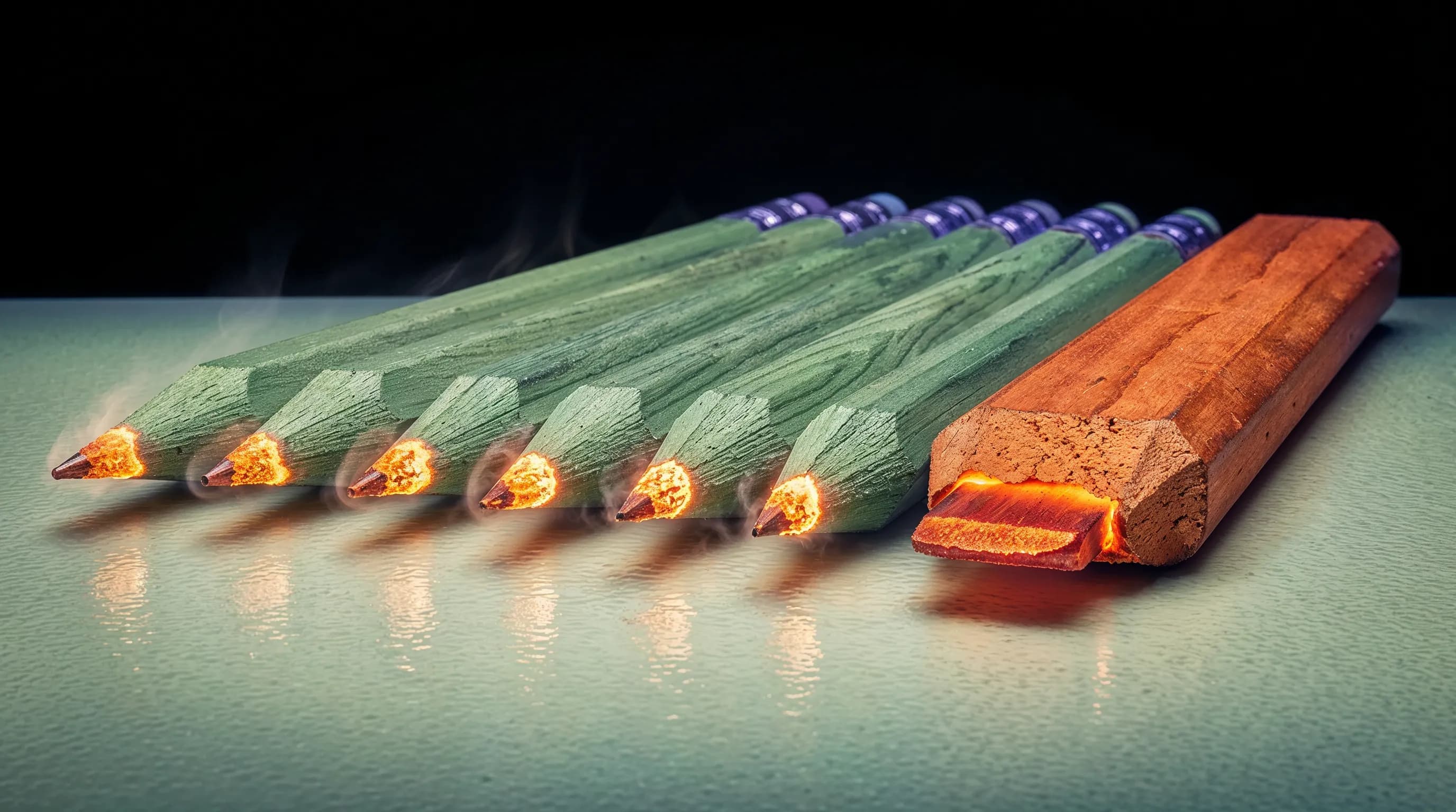 Green pencils with glowing molten tips and smoke as if red-hot and burning