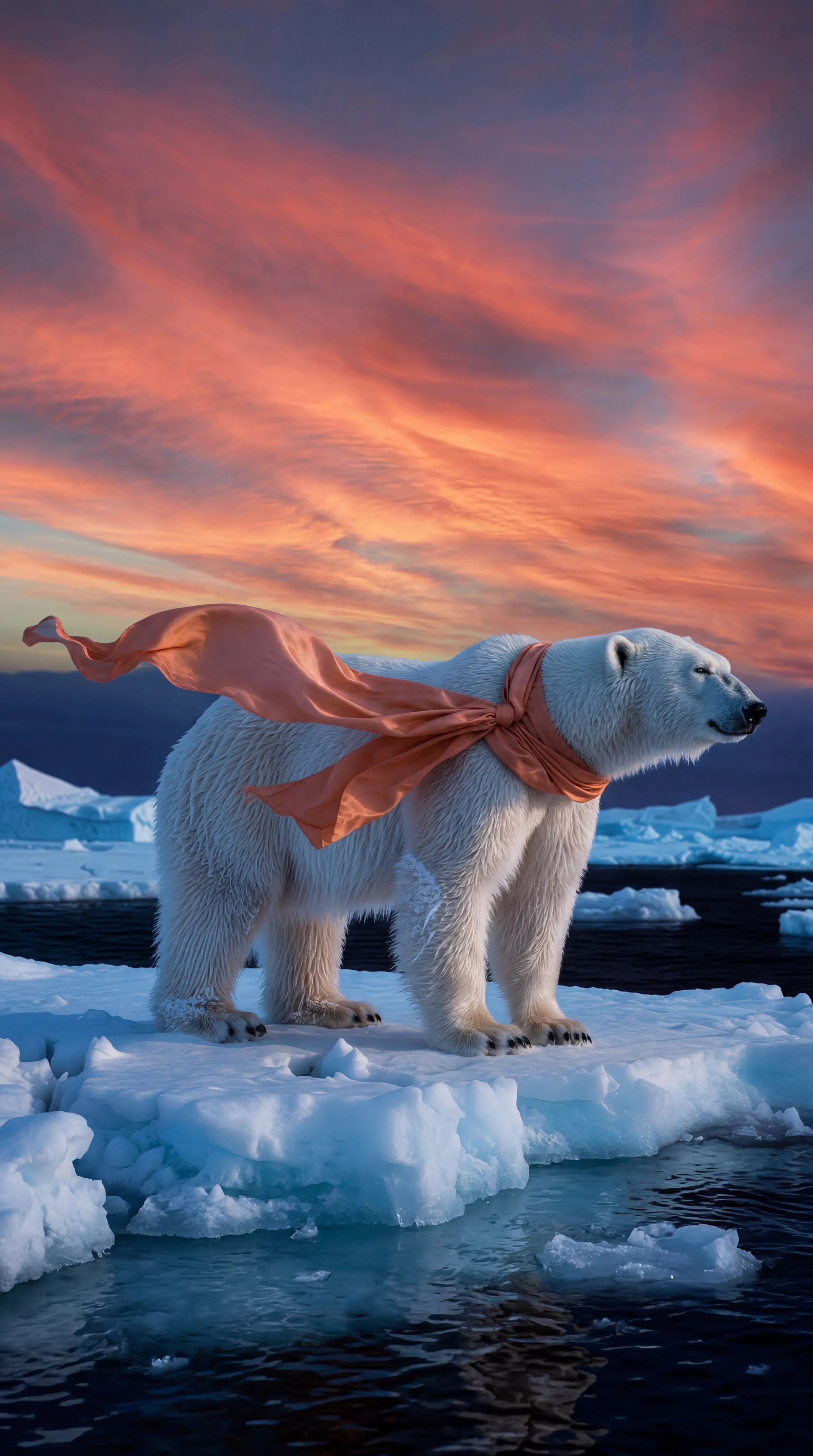 A polar bear in a snowy landscape with a terracotta scarf