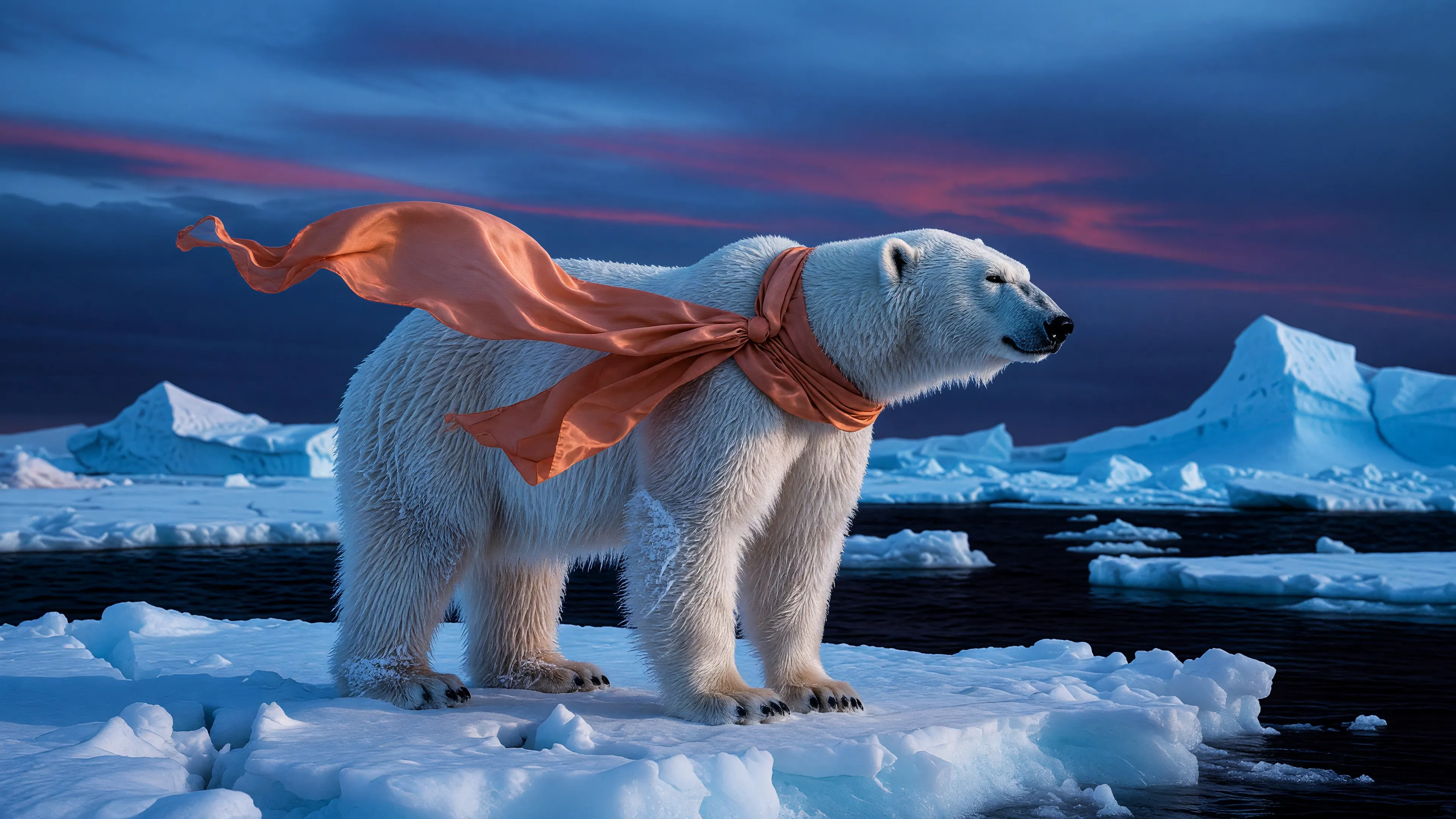 A polar bear in a snowy landscape with a terracotta scarf