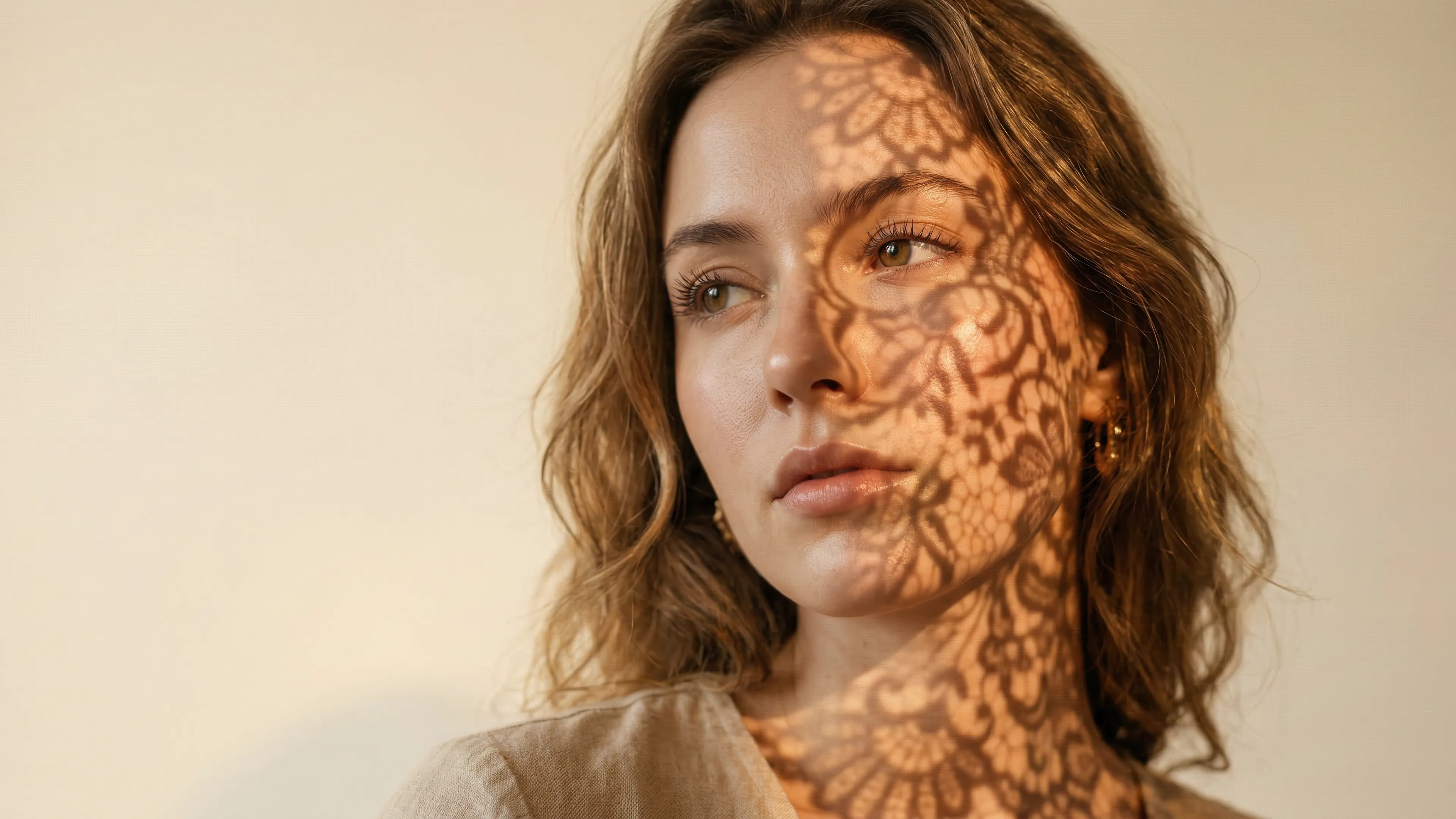 Portrait with ornate lace shadow patterns cast across face and neck