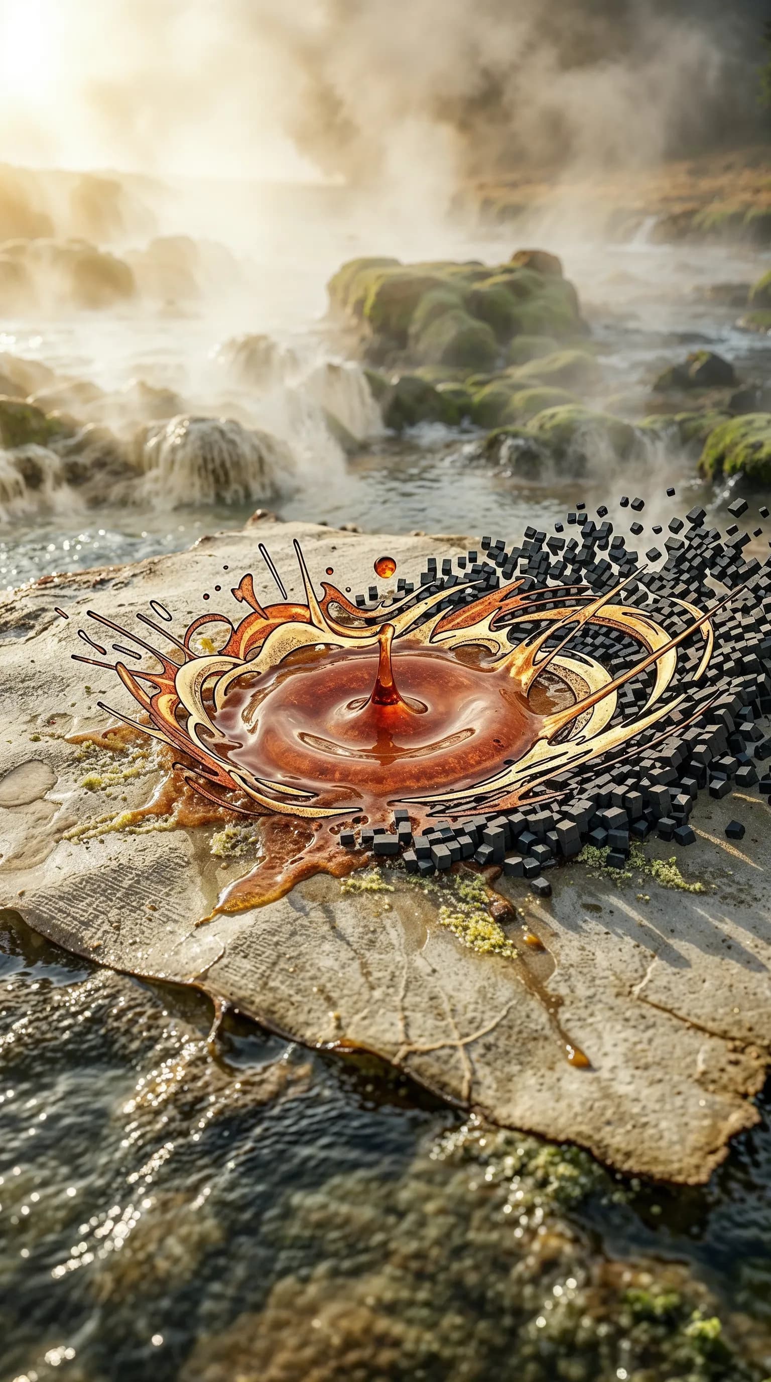 Liquid droplet splash merging realistic water with comic art and digital elements