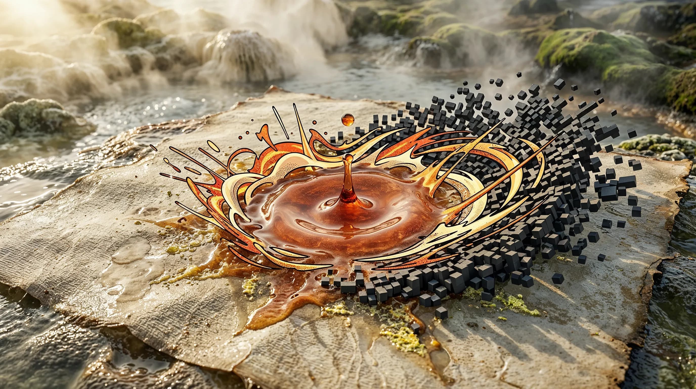 Liquid droplet splash merging realistic water with comic art and digital elements