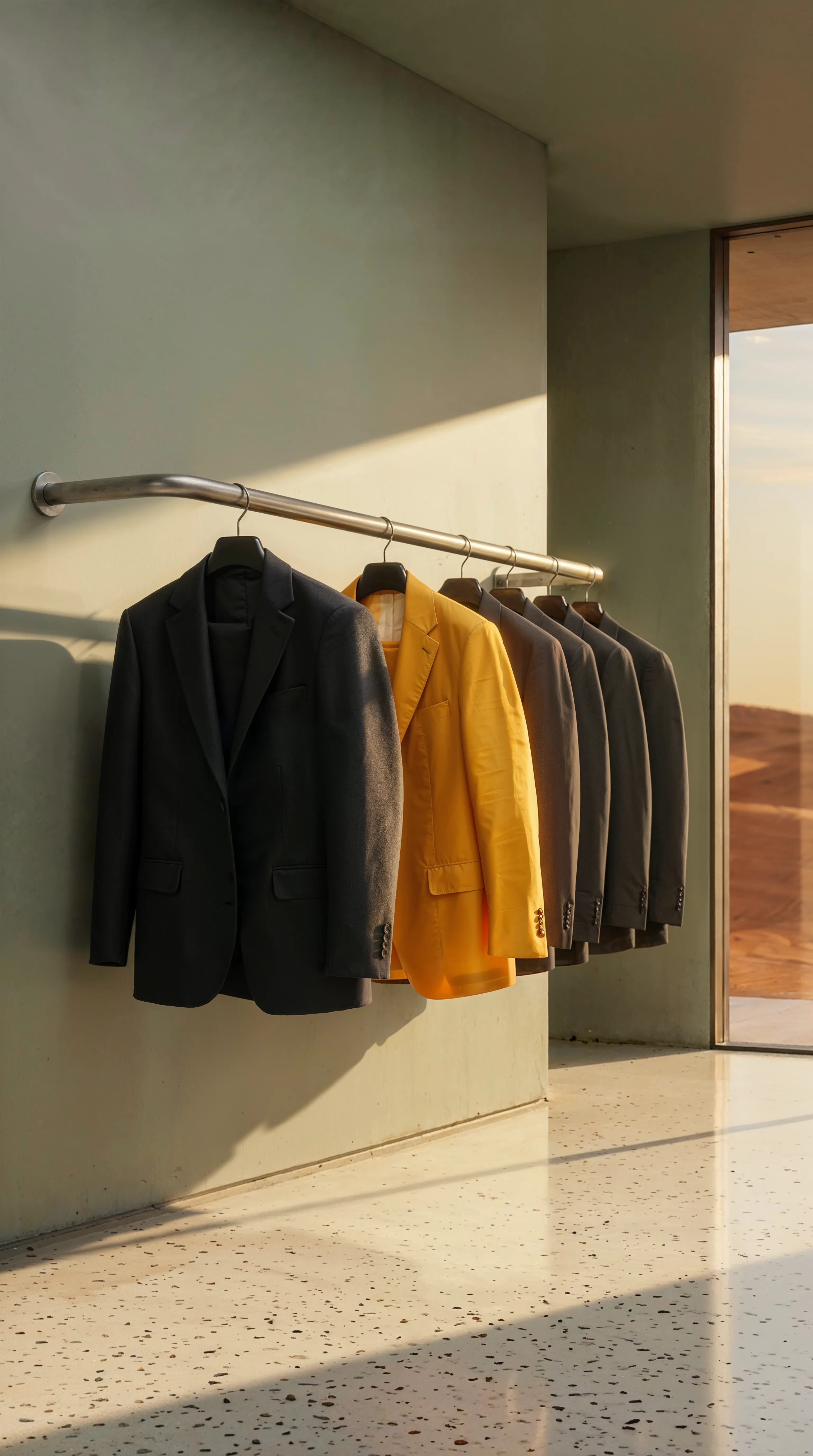 Row of dark suits on a rack with one bright yellow jacket standing out